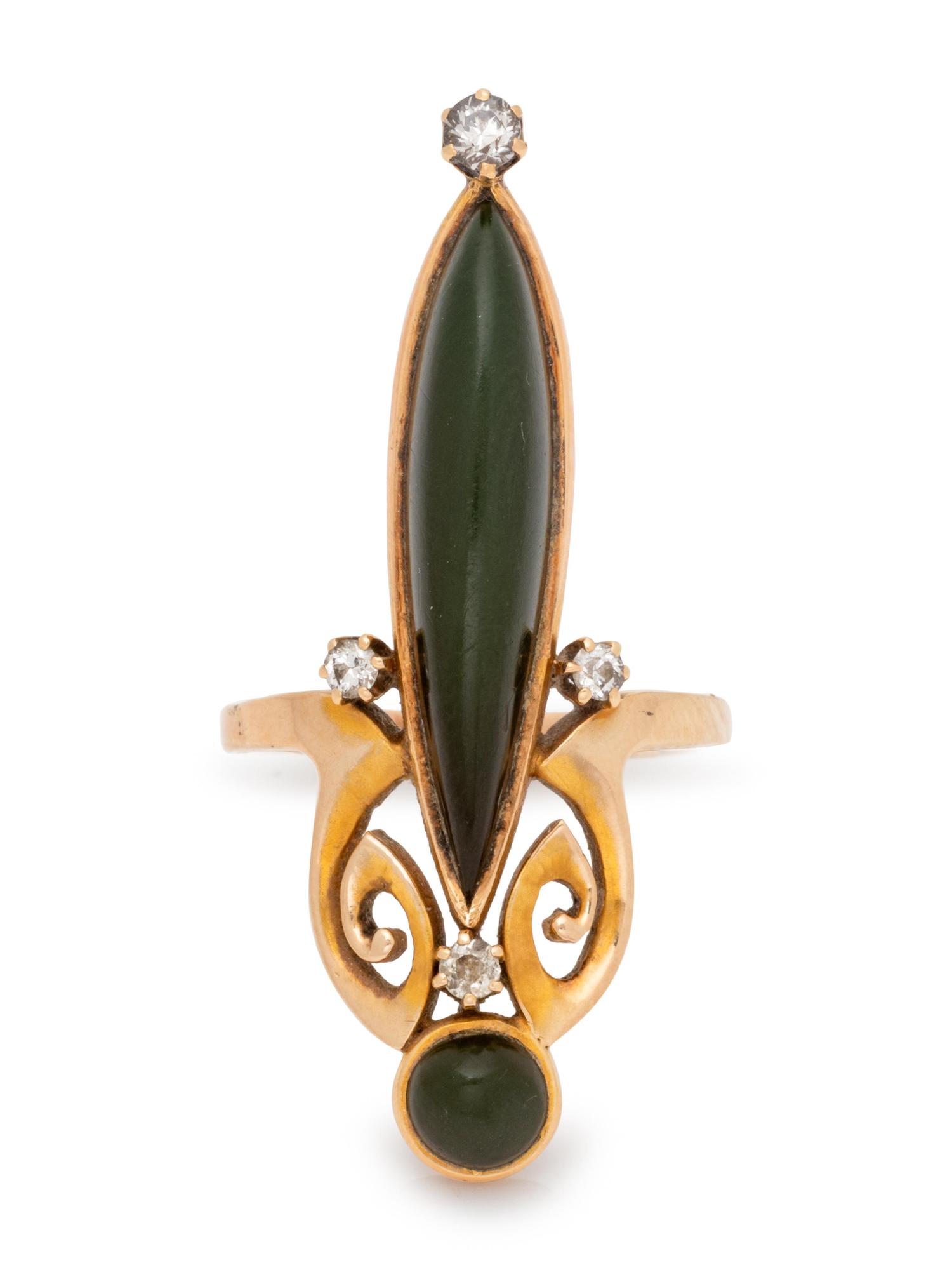 A Yellow Gold, Green Hardstone and Diamond Ring,