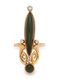 A Yellow Gold, Green Hardstone and Diamond Ring,