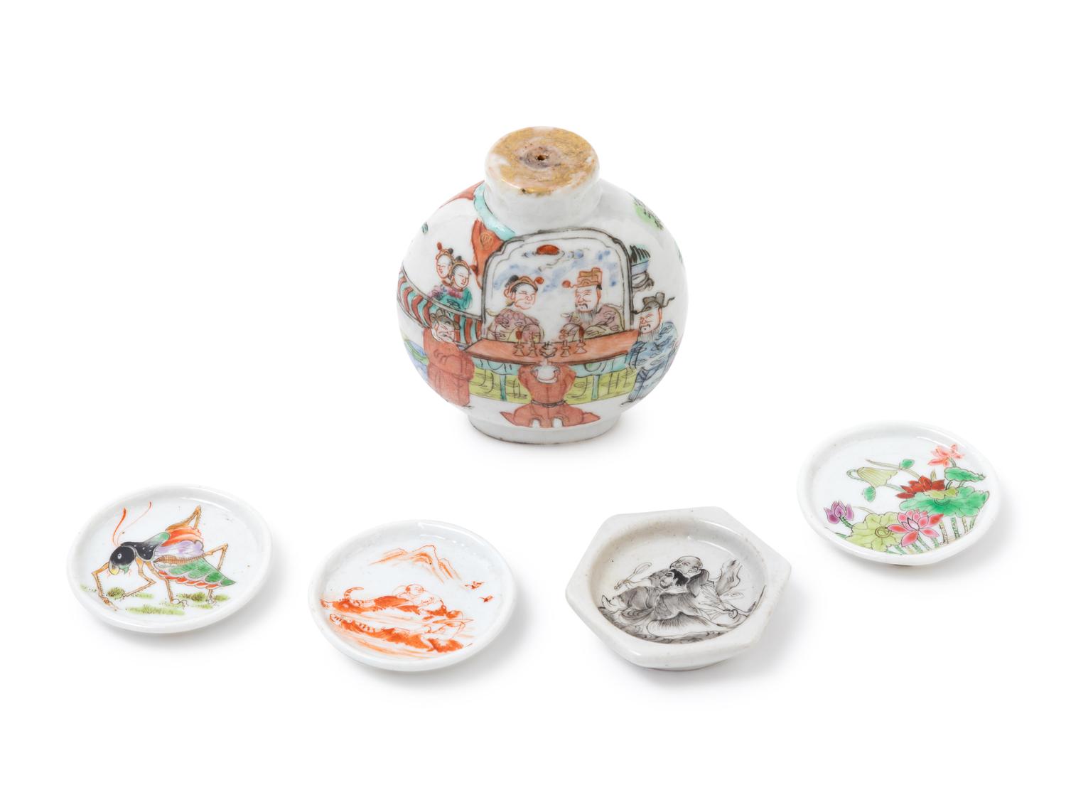 A Famille Rose Porcelain Snuff Bottle and Four Snuff Dishes