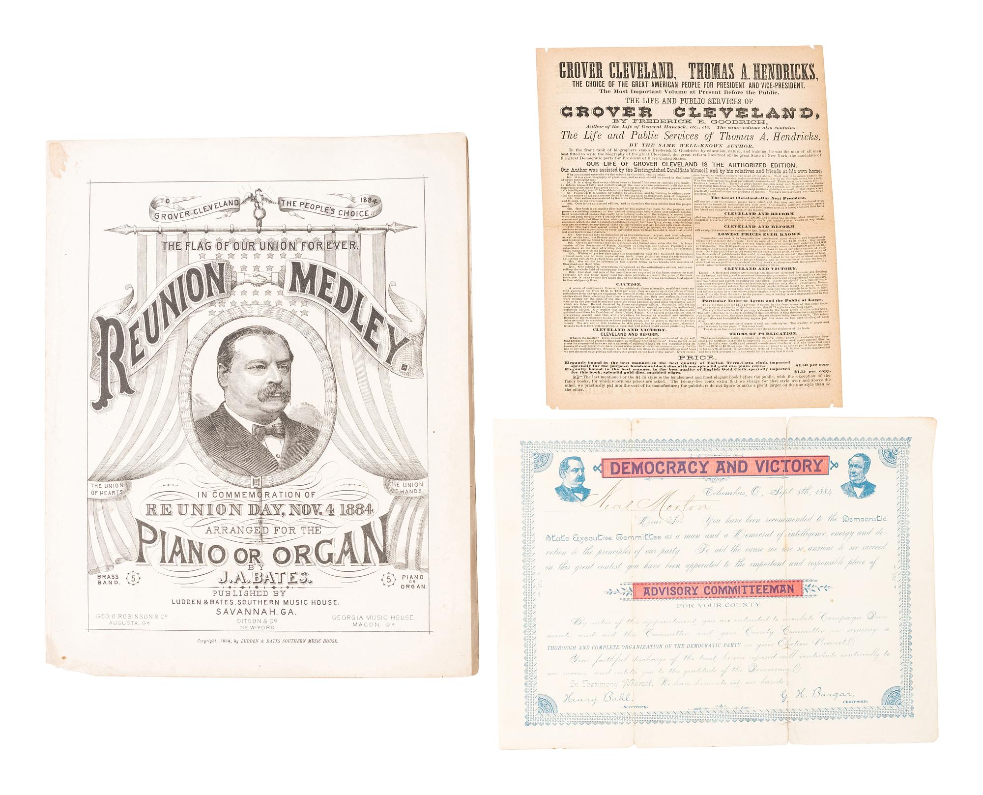[CLEVELAND, Grover (1837-1908)]. A group of photographs, advertising cards, and campaign ephemera related to Grover Cleveland, comprising: