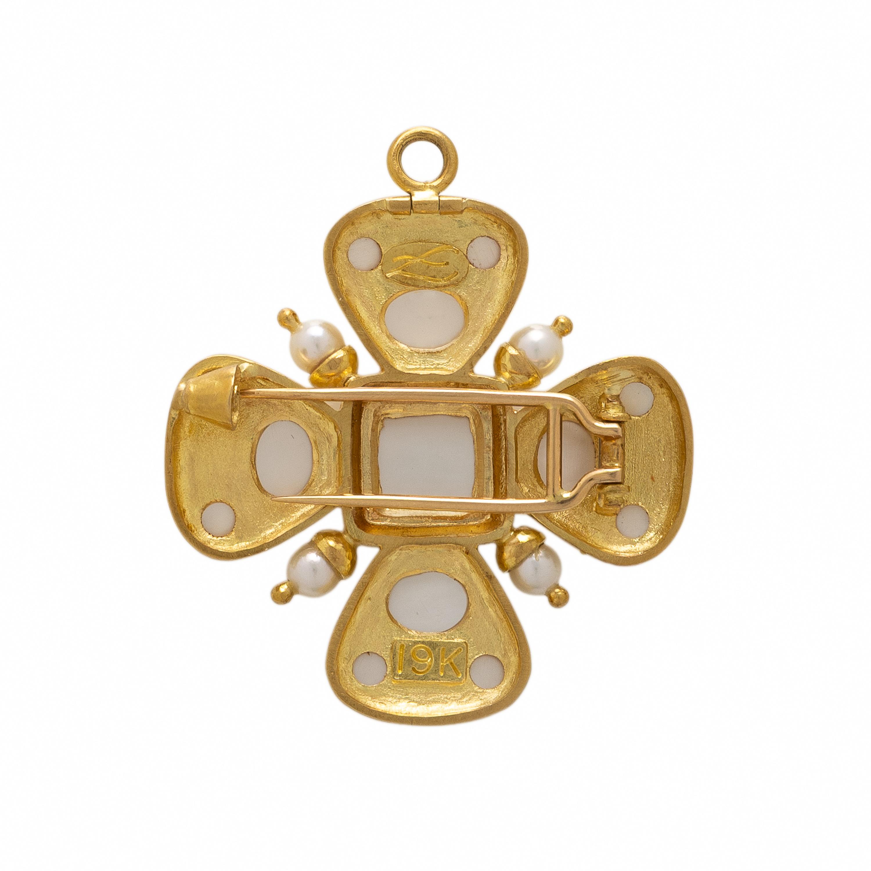Elizabeth Locke, Cultured Pearl, Moonstone, and Yellow Gold Maltese Cross Pendant Necklace
