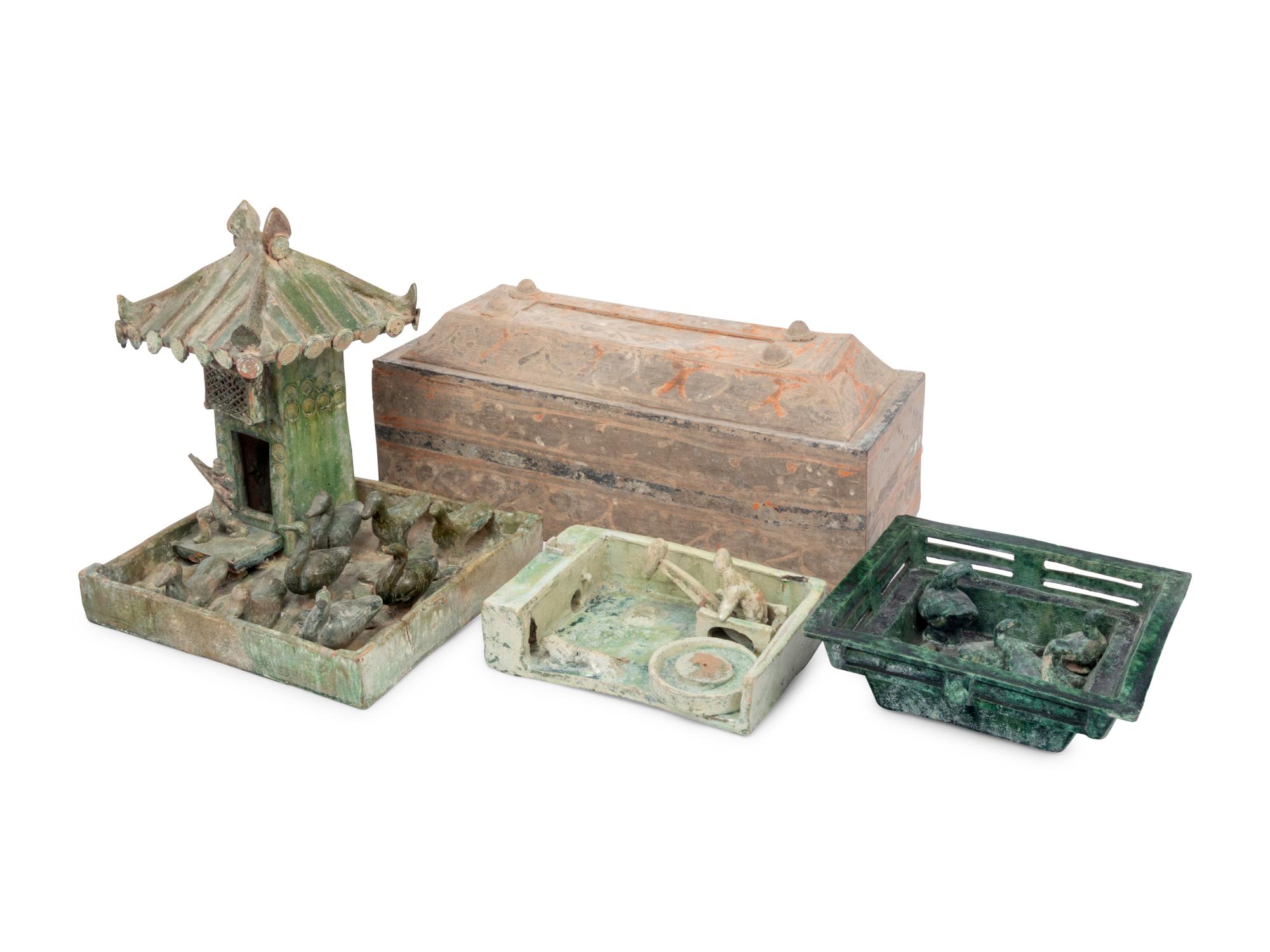 Three Chinese Green-Glazed Pottery Models and A Chinese Pottery Rectangular Cosmetic Box