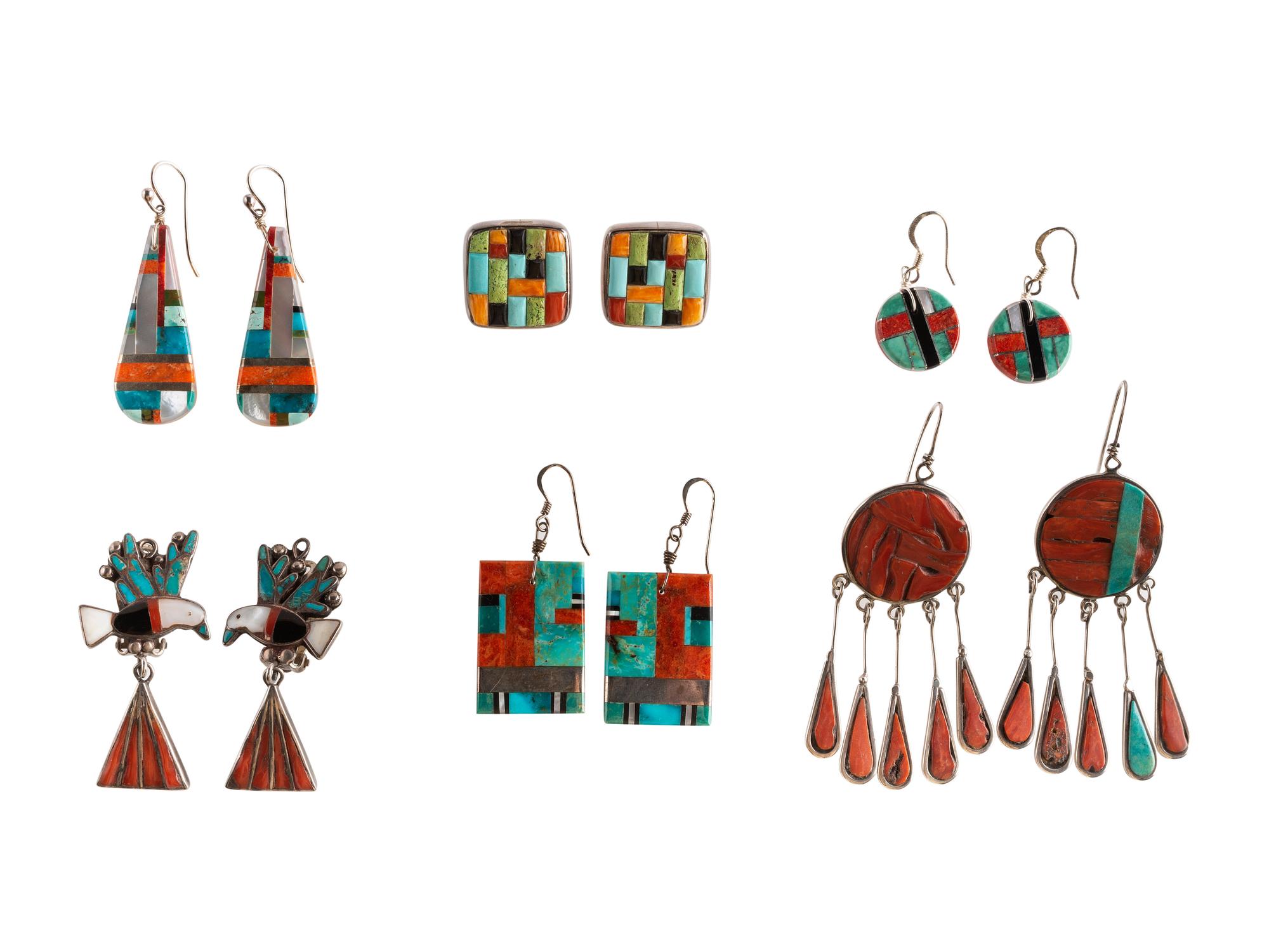 Group of Pueblo and Zuni Inlaid Earrings