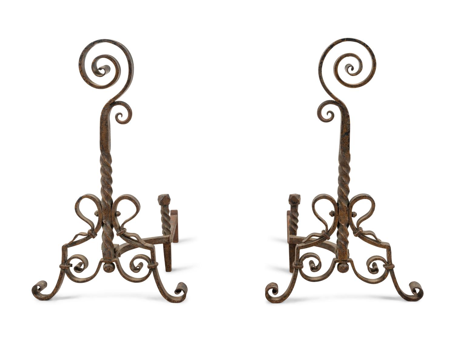A Pair of Continental Wrought Iron Andirons