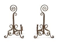 A Pair of Continental Wrought Iron Andirons