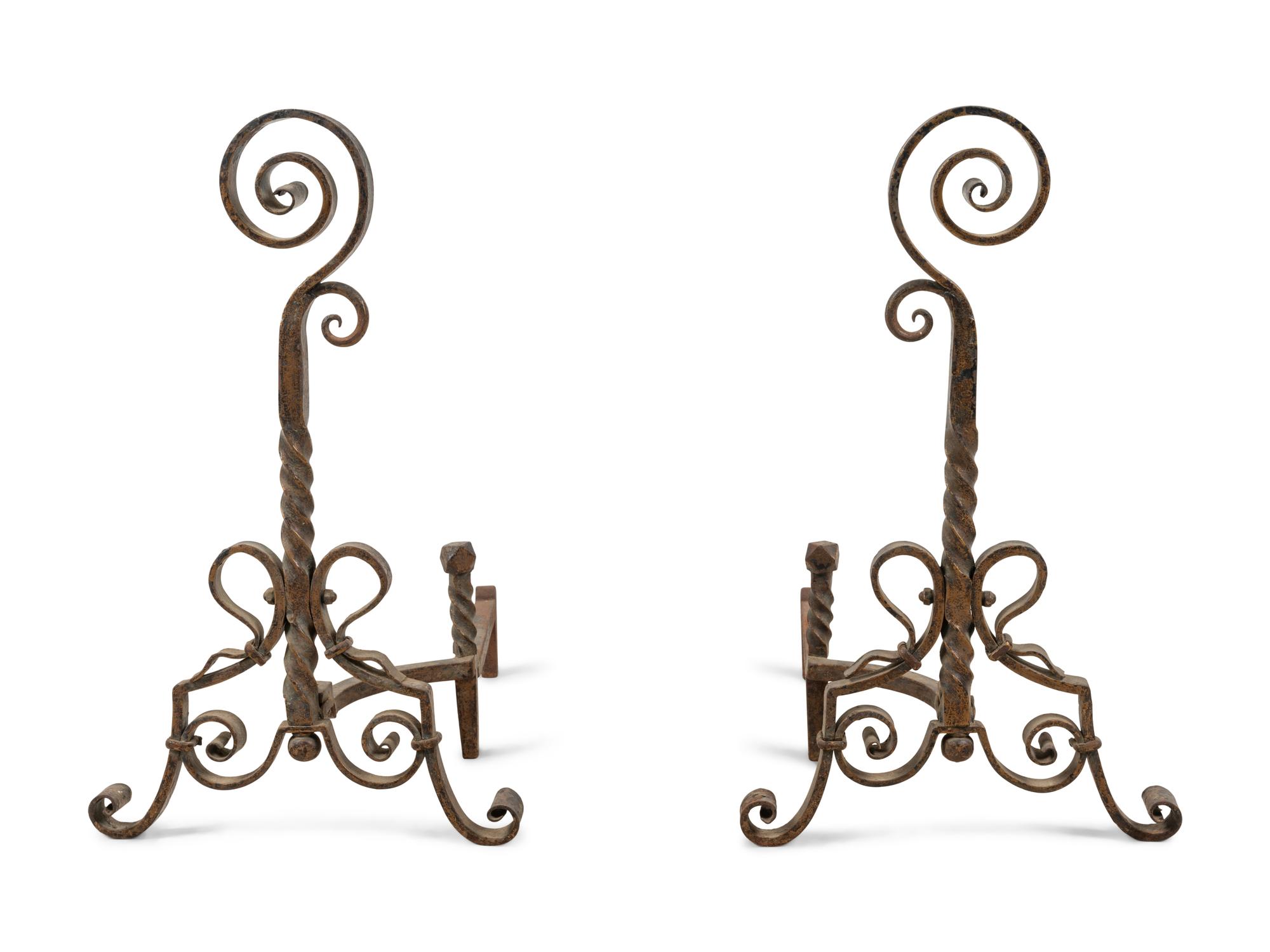 A Pair of Continental Wrought Iron Andirons