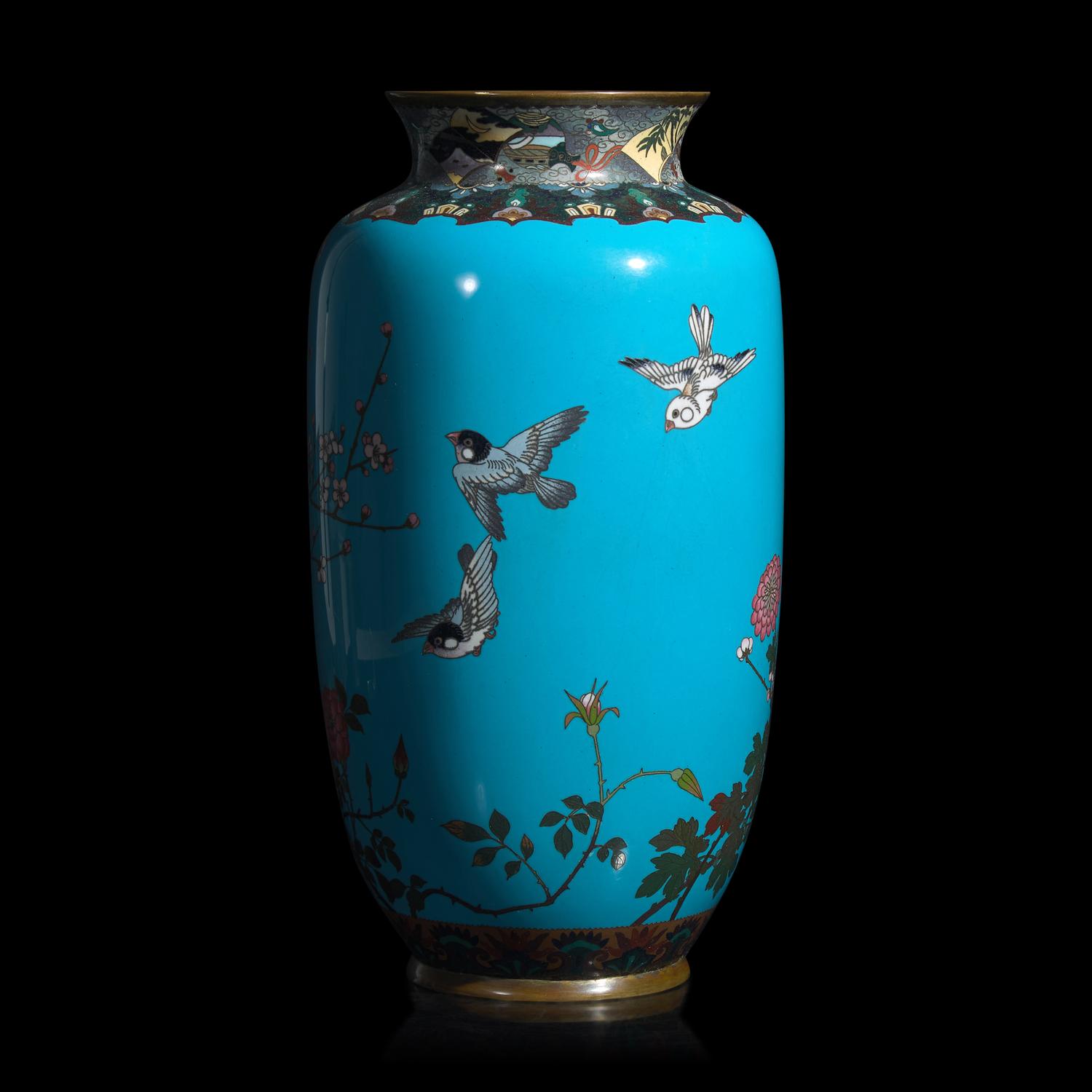 A Japanese Turquoise Ground Cloisonné 'Bird' Vase, Meiji Period