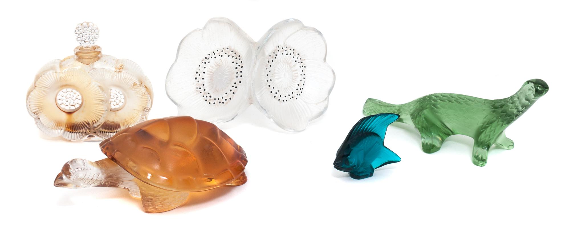 Five Lalique Molded and Frosted Glass Articles Length of longest 6 3/4 inches. — 20TH CENTURY