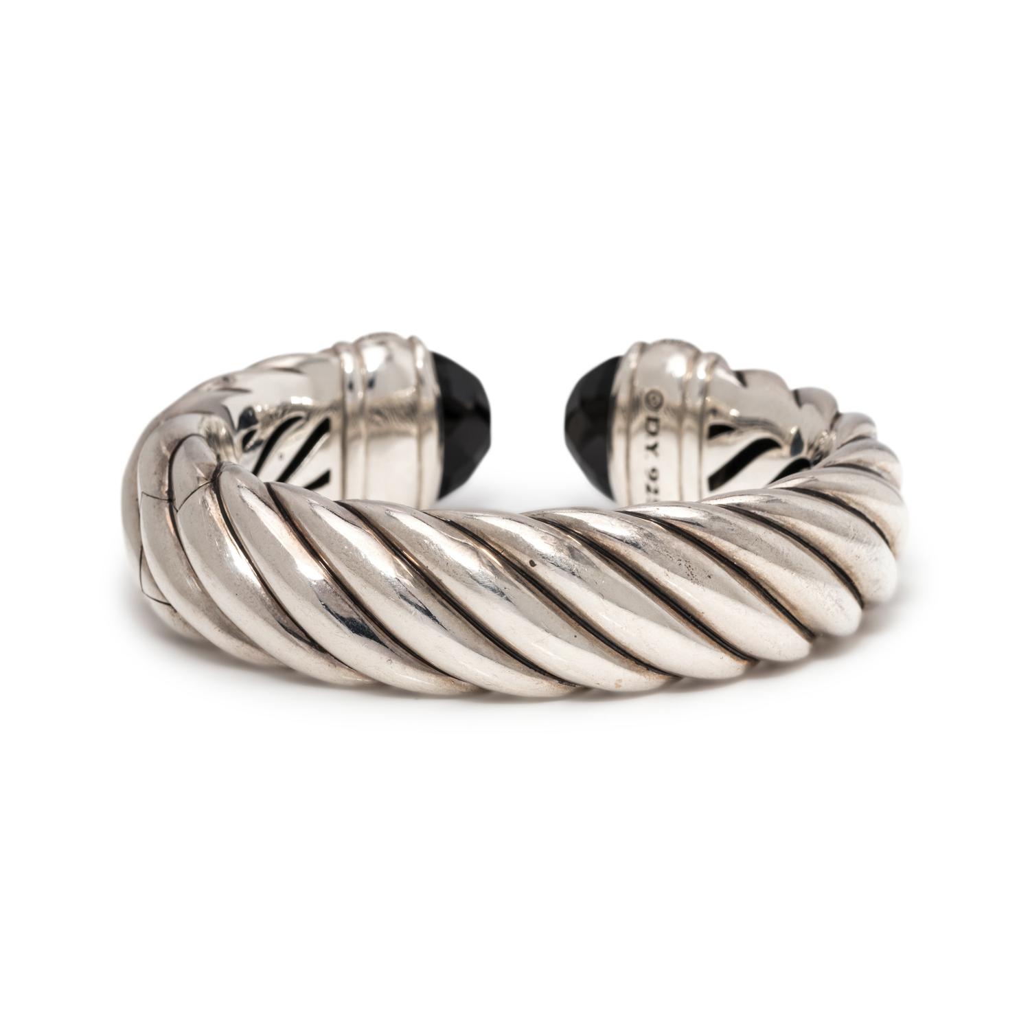 DAVID YURMAN, STERLING SILVER, ONYX AND DIAMOND 'CABLE CLASSIC' CUFF BRACELET