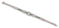 An Art Deco Platinum, Diamond and Emerald Bracelet, 14.00 dwts.