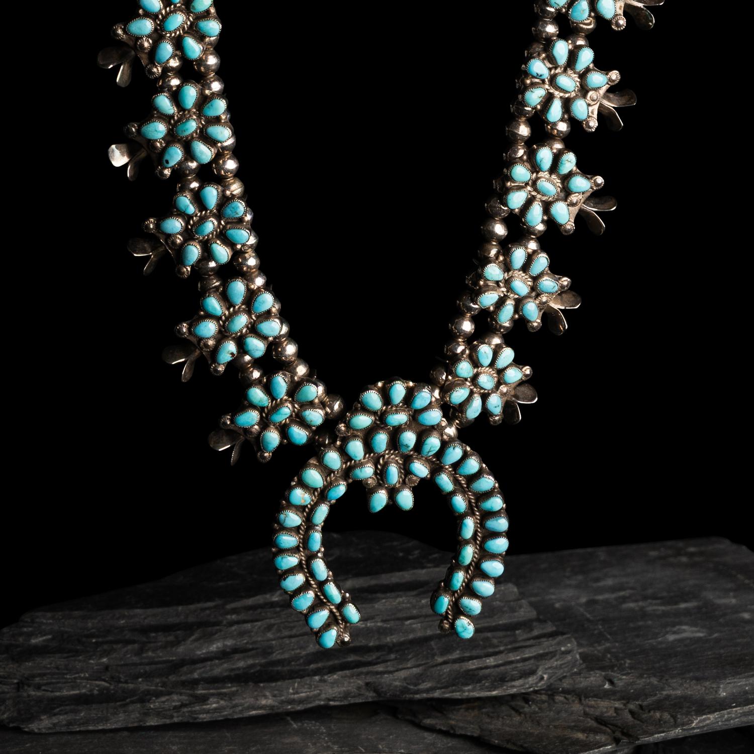 Zuni Silver and Turquoise Cluster Squash Blossom Necklace