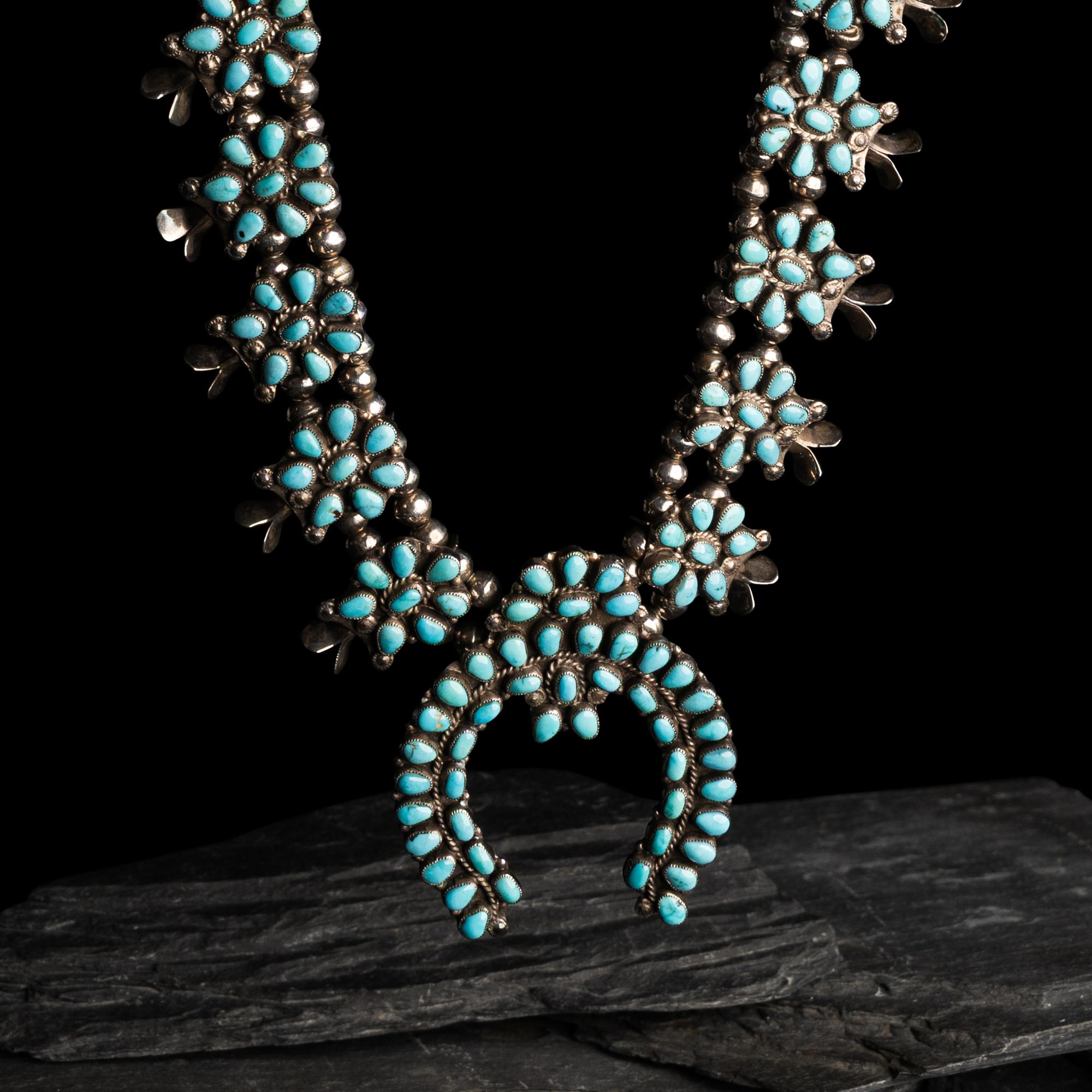 Zuni Silver and Turquoise Cluster Squash Blossom Necklace