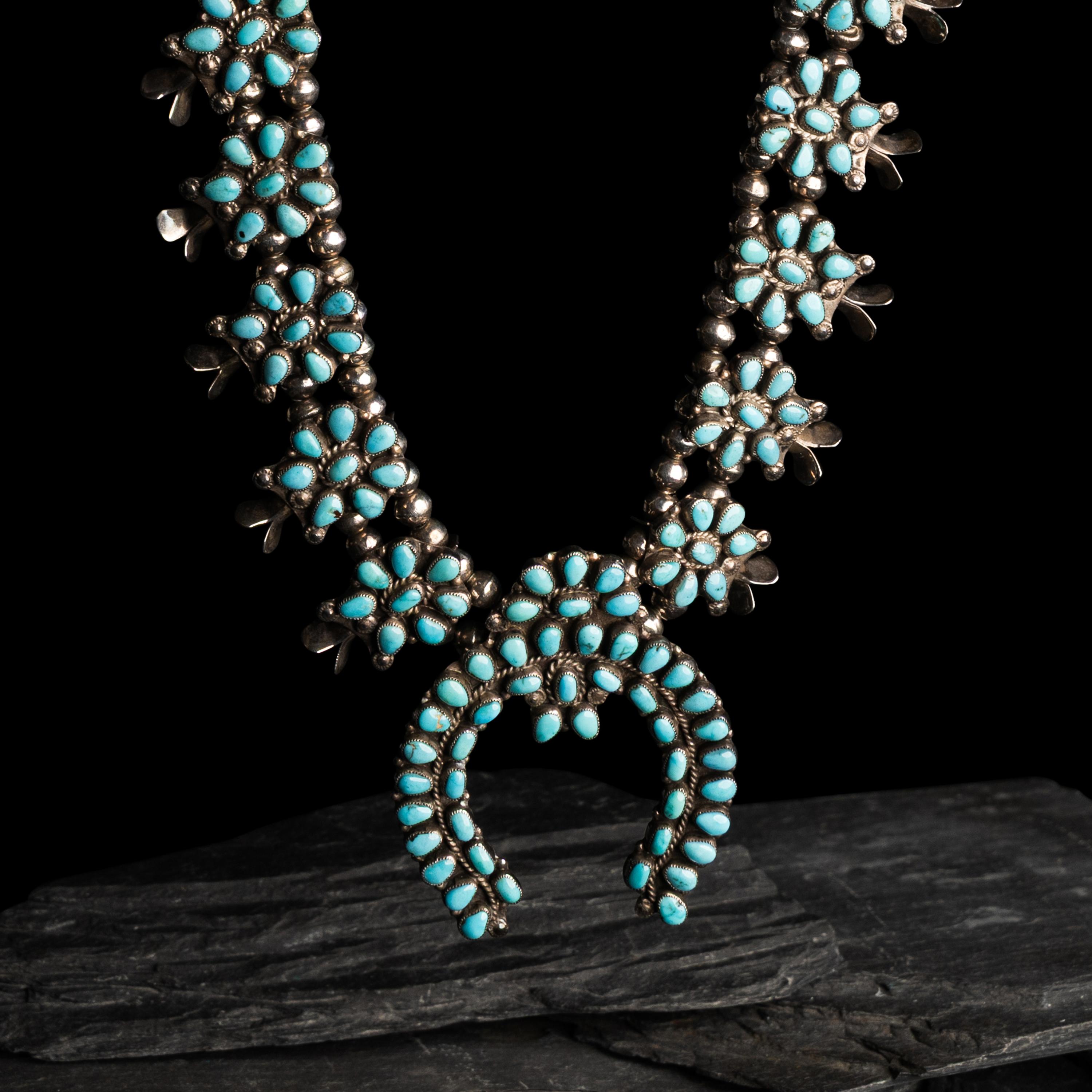 Zuni Silver and Turquoise Cluster Squash Blossom Necklace