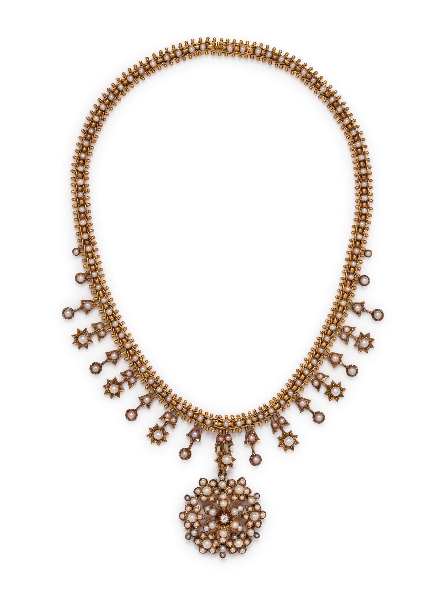 ANTIQUE, YELLOW GOLD AND PEARL CONVERTIBLE NECKLACE