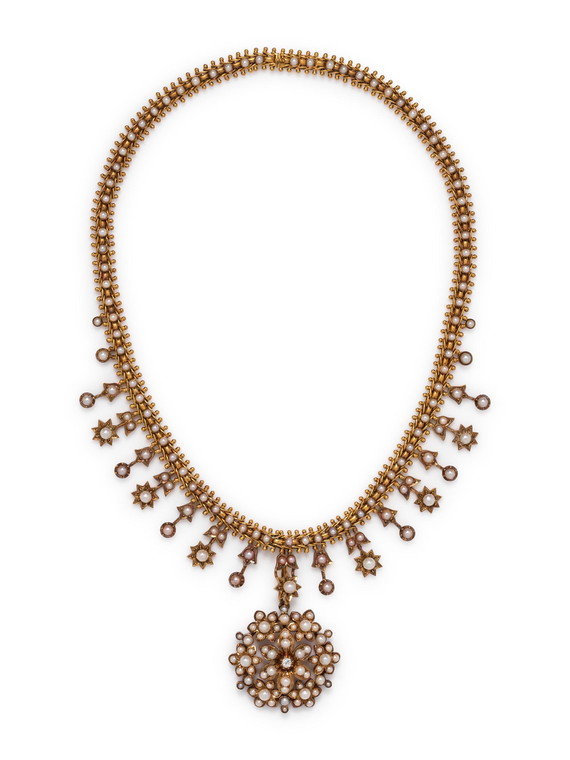 ANTIQUE, YELLOW GOLD AND PEARL CONVERTIBLE NECKLACE