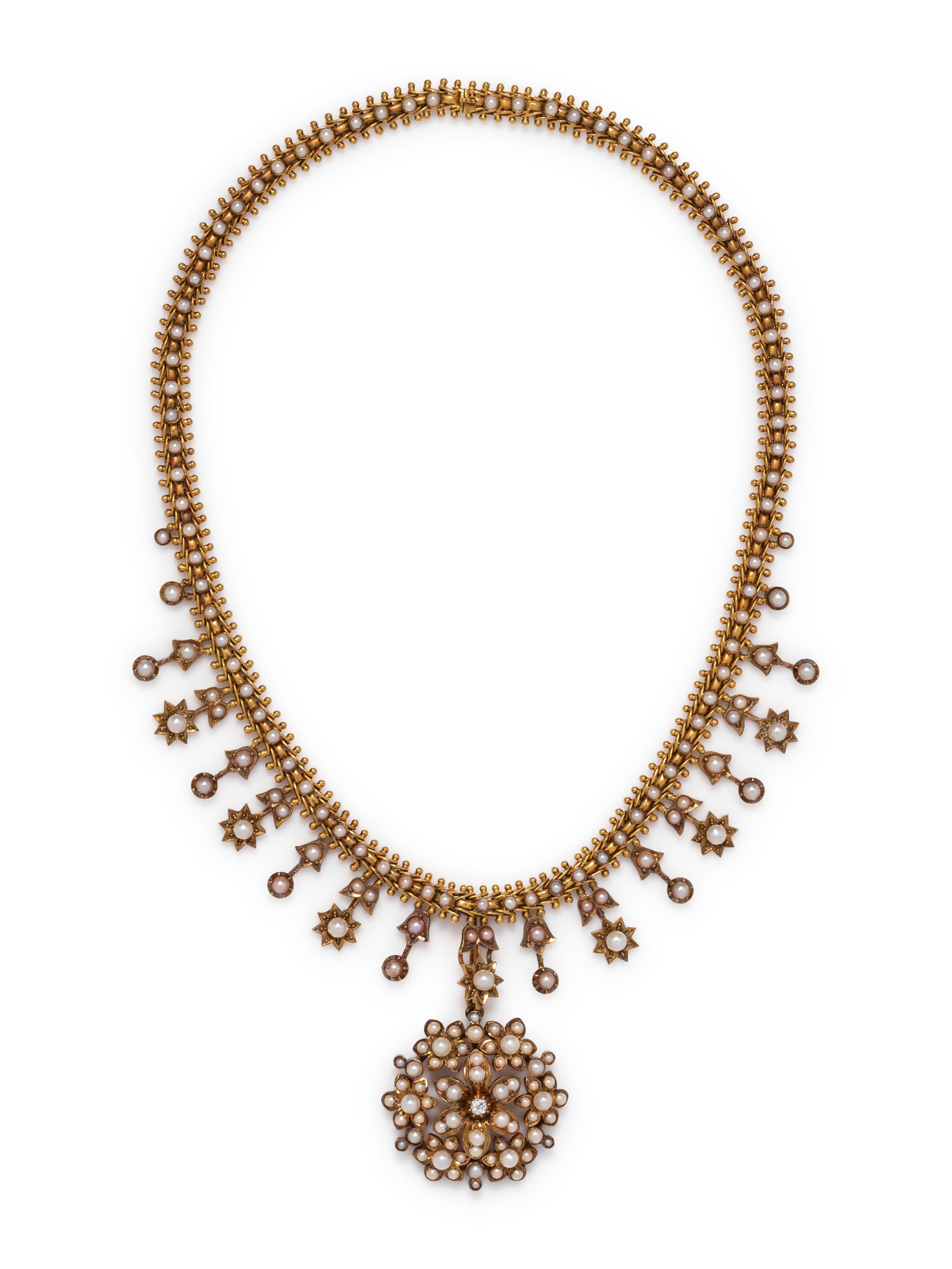 ANTIQUE, YELLOW GOLD AND PEARL CONVERTIBLE NECKLACE