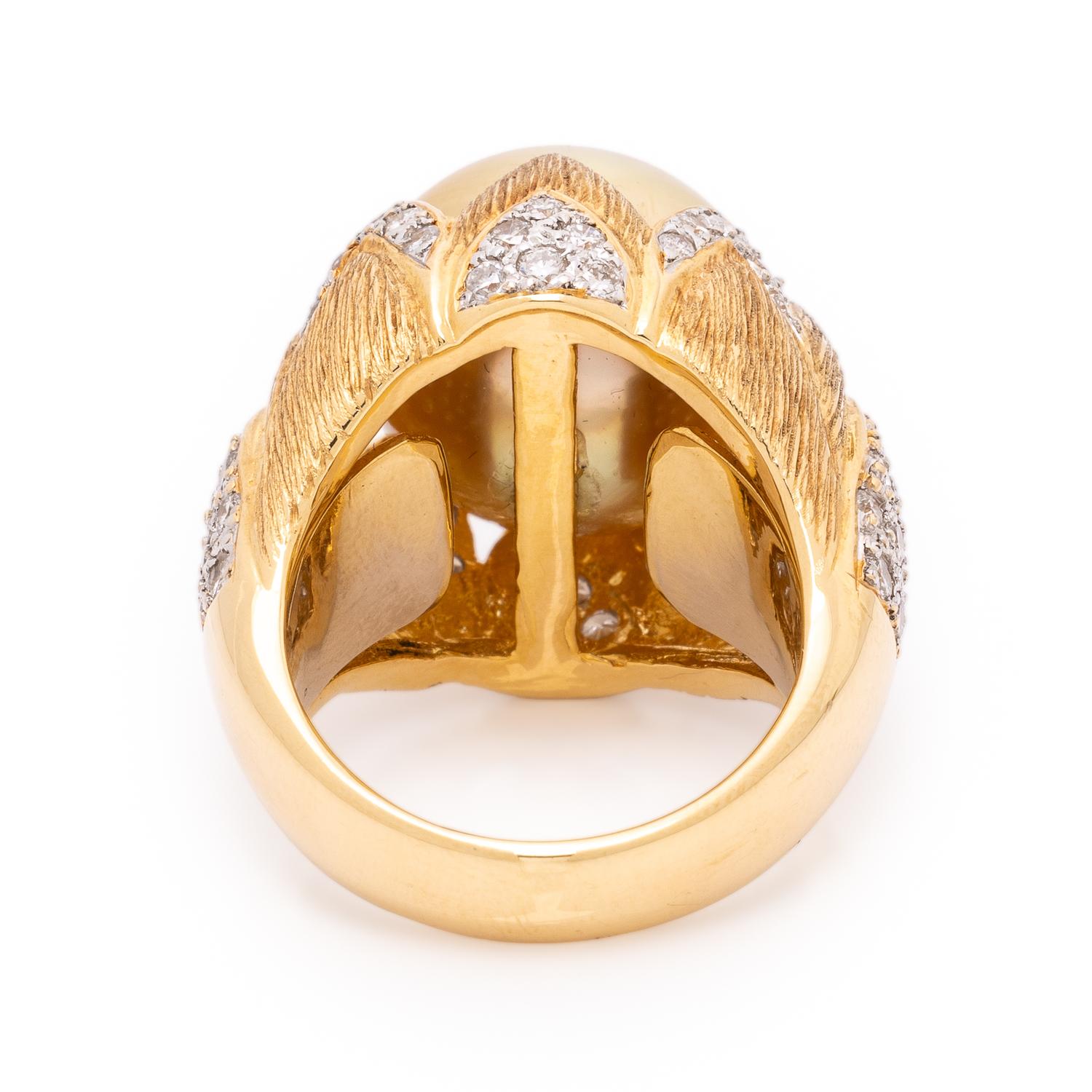 Golden Cultured Pearl, Diamond, and Yellow Gold Ring