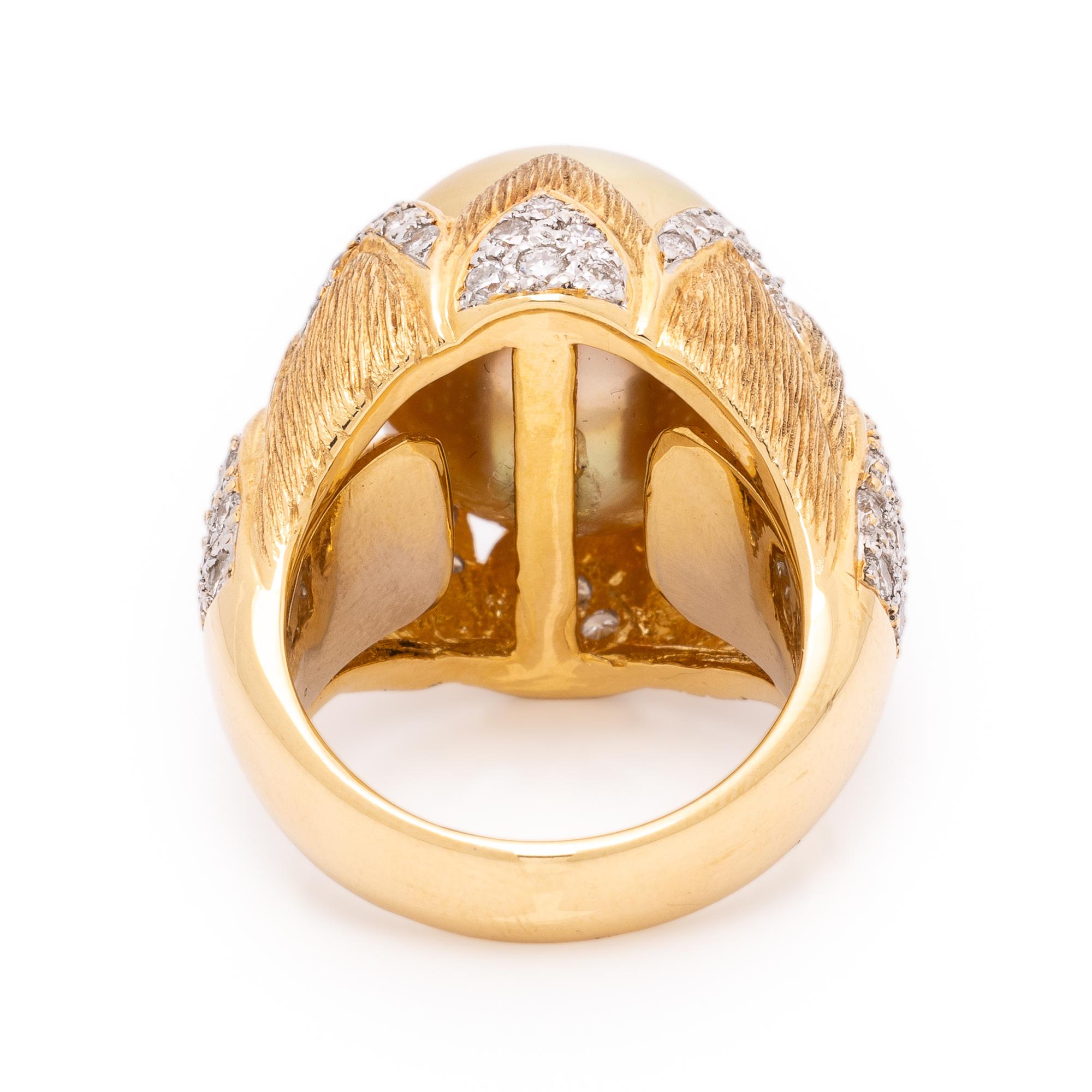 Golden Cultured Pearl, Diamond, and Yellow Gold Ring