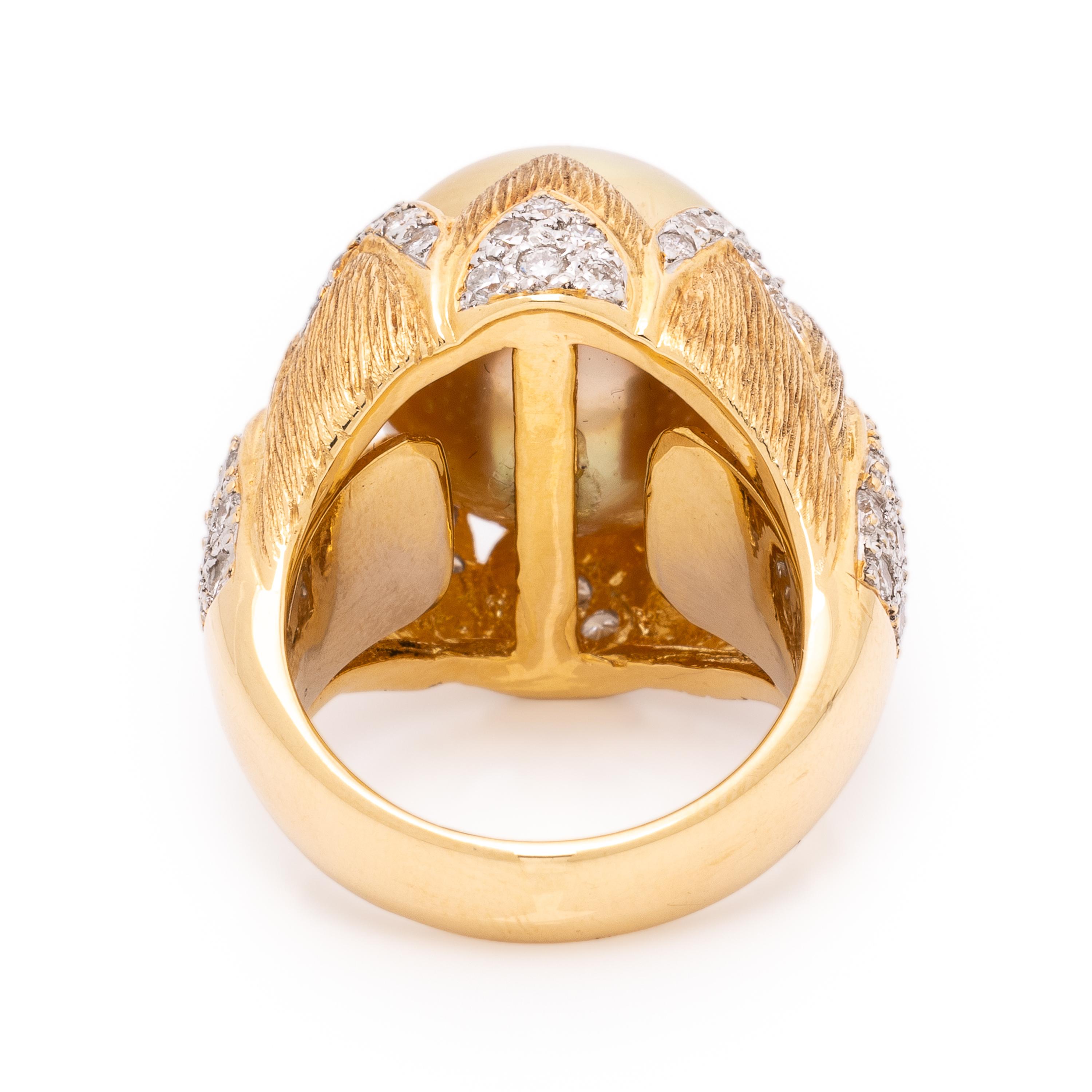 Golden Cultured Pearl, Diamond, and Yellow Gold Ring