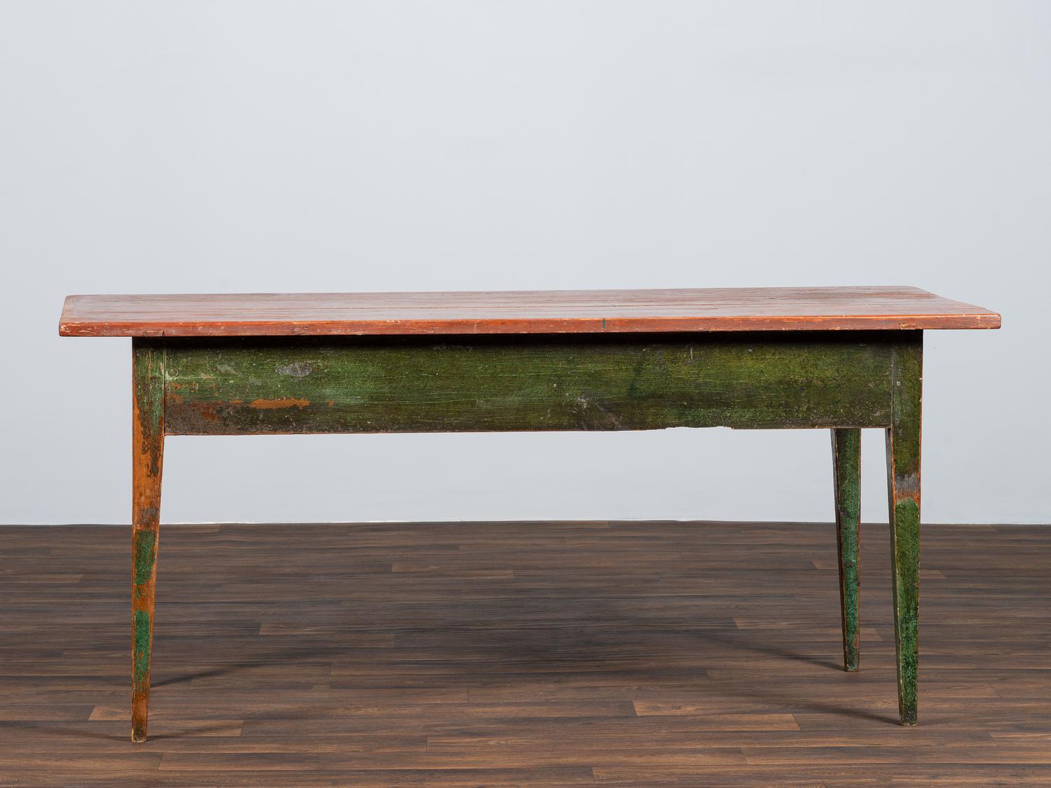 A Country Paint Decorated Pine Three-Drawer Farm Table