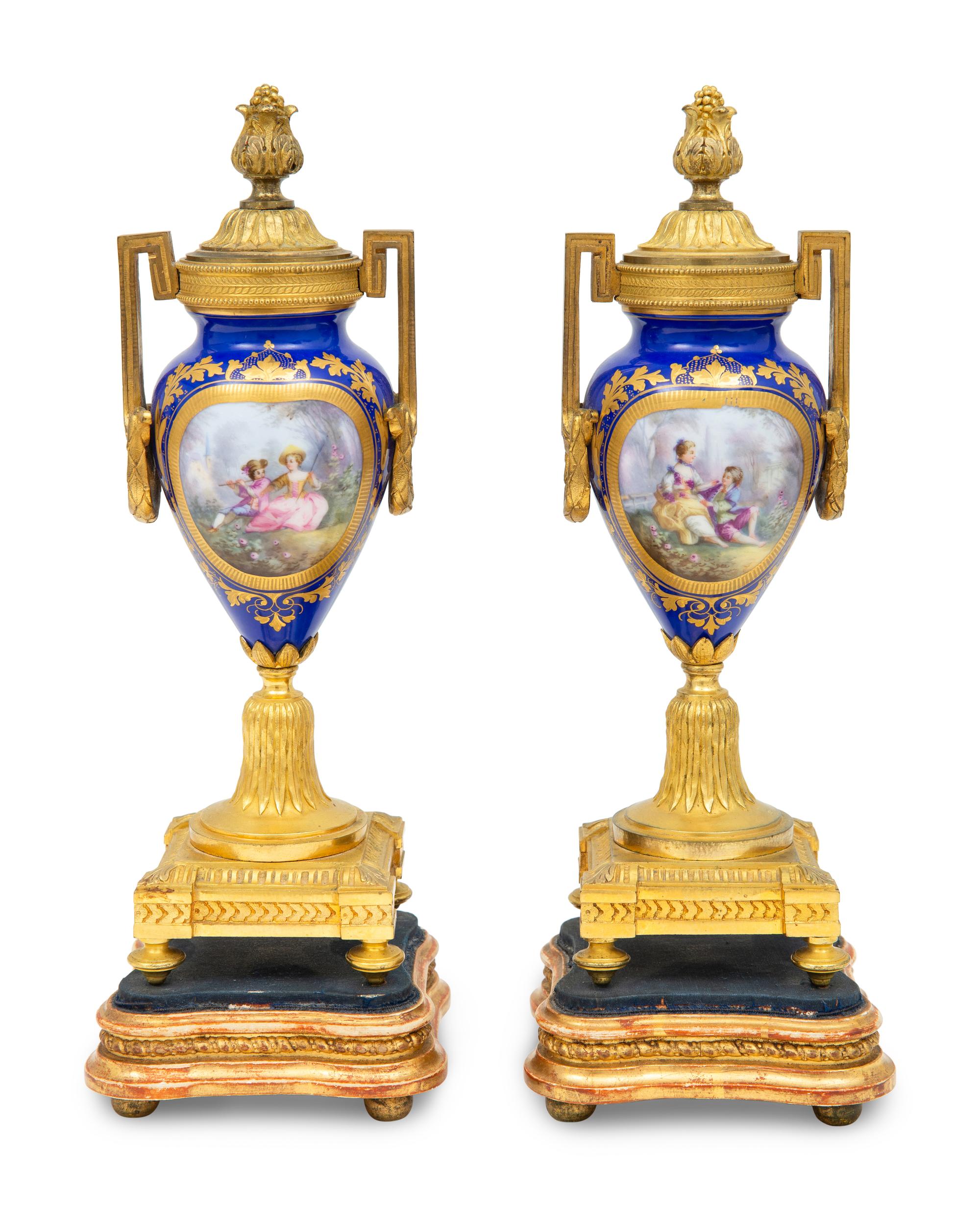 A Pair of Sèvres Style Porcelain and Gilt-Bronze Mounted Cassolettes