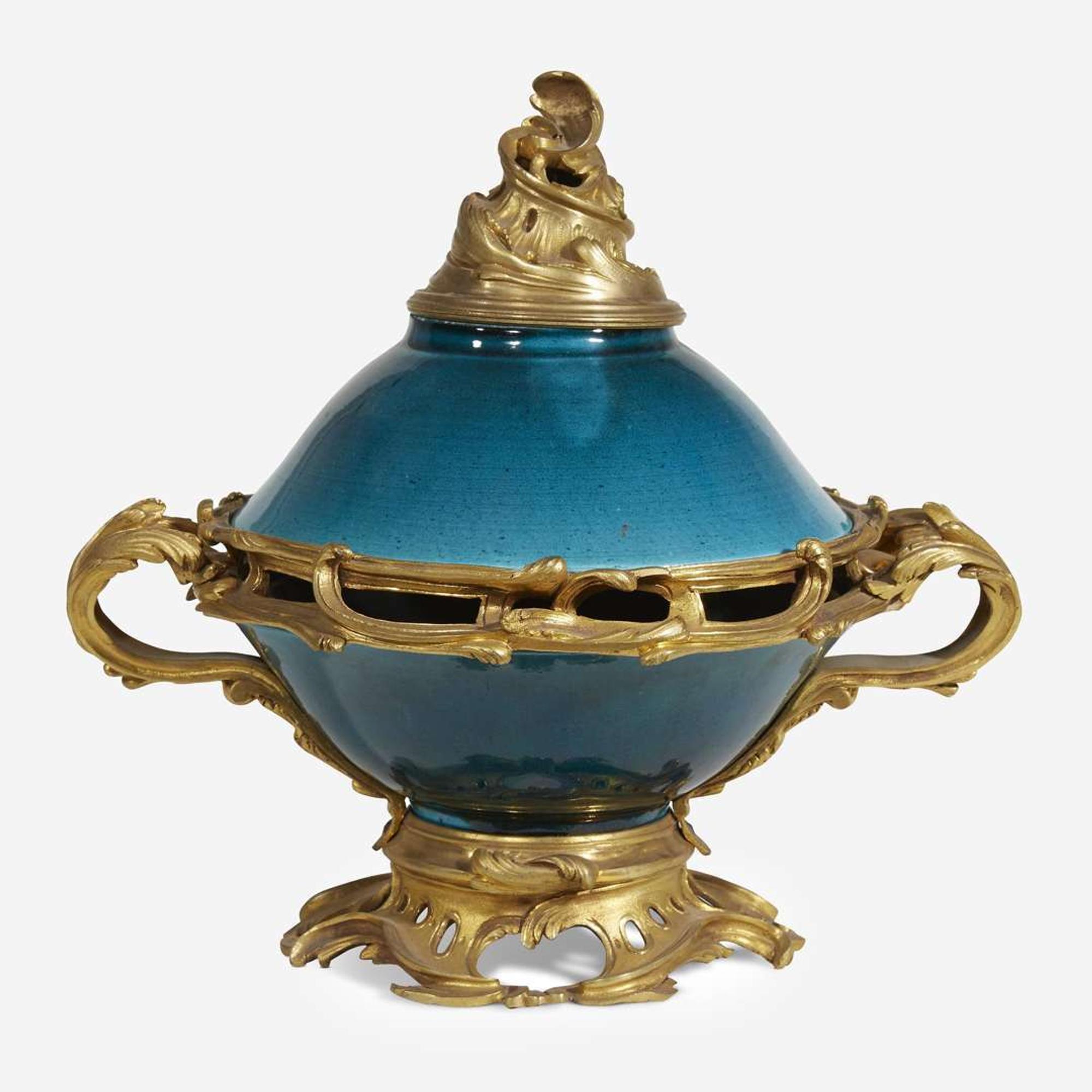 A Louis XV style ormolu-mounted Chinese turquoise-glazed porcelain pot-pourri bowl and cover 19th century