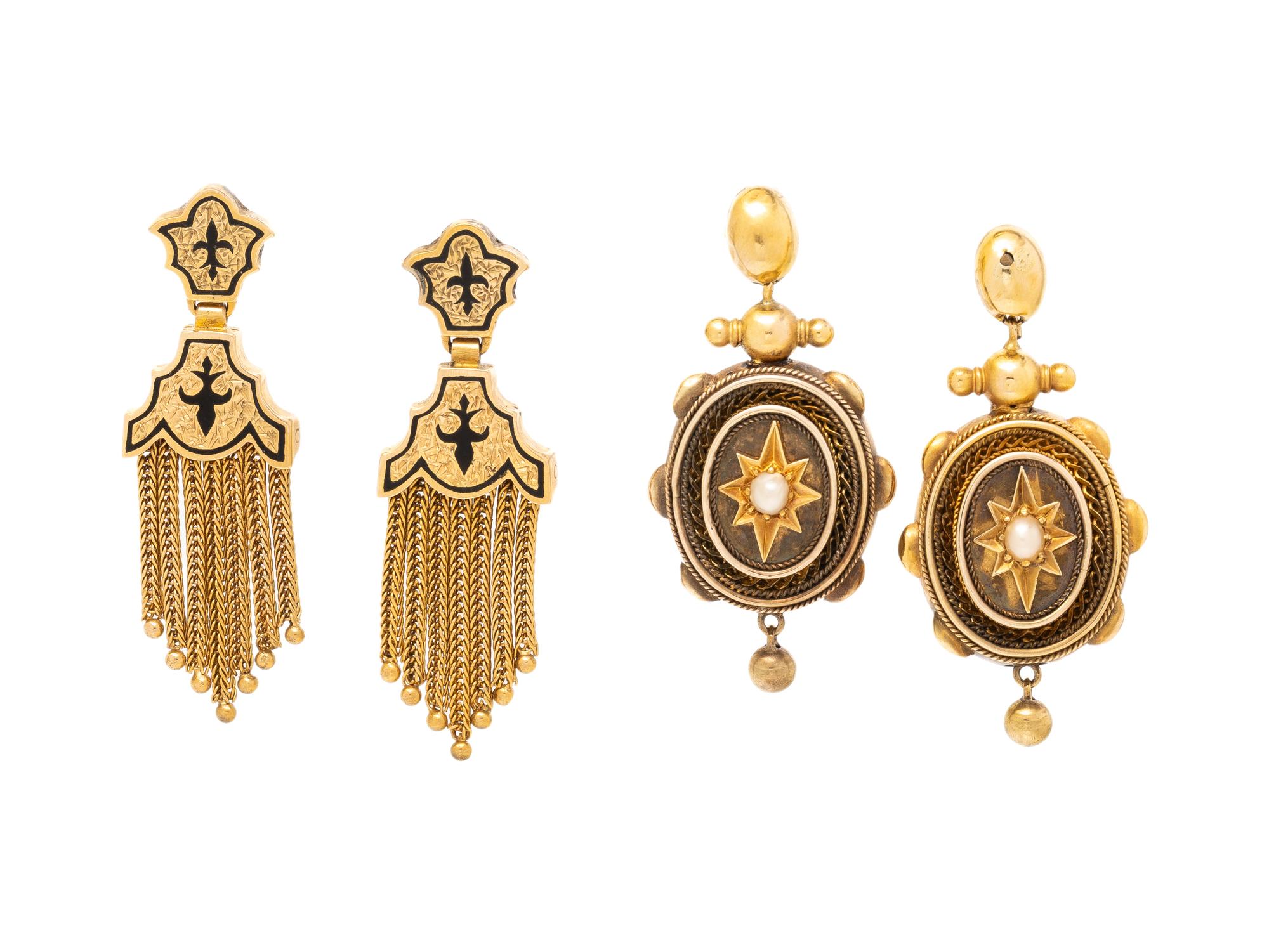 VICTORIAN, TWO PAIRS OF YELLOW GOLD EARRINGS