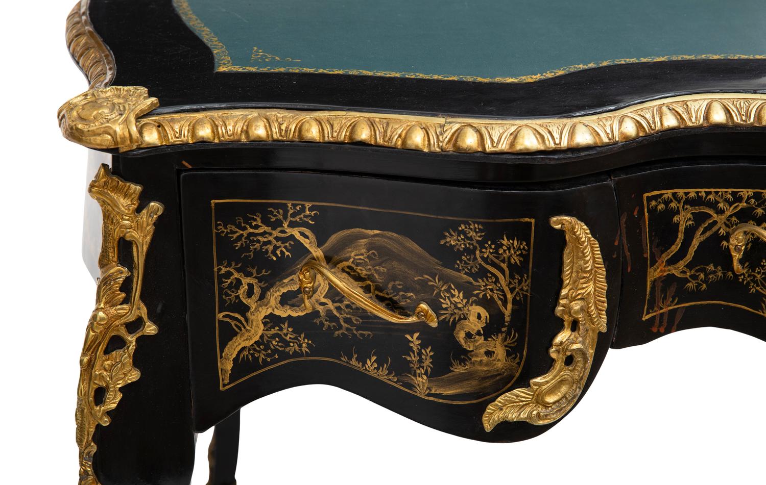 A Louis XV Style Gilt Metal Mounted Black and Gilt-Japanned Bureau Plat