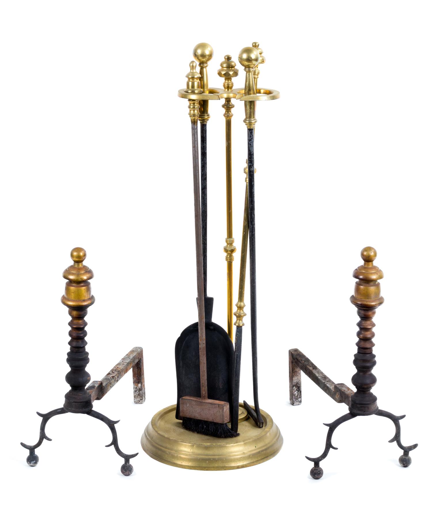 A Pair of George III Style Brass Andirons Height of tallest 17 1/2 inches.