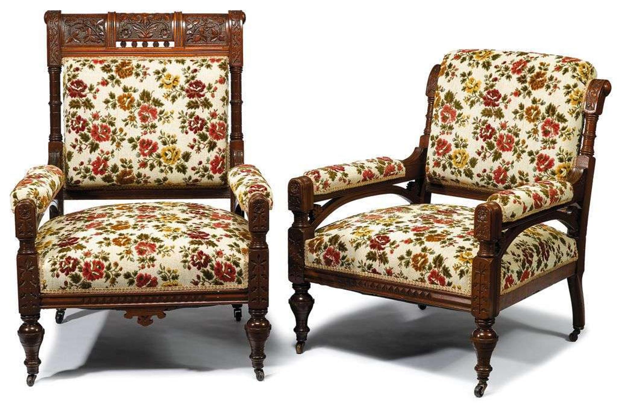 "Modern Gothic" seven-piece walnut parlor suite School of Daniel Pabst (1826-1910), Philadelphia, PA, circa 1875