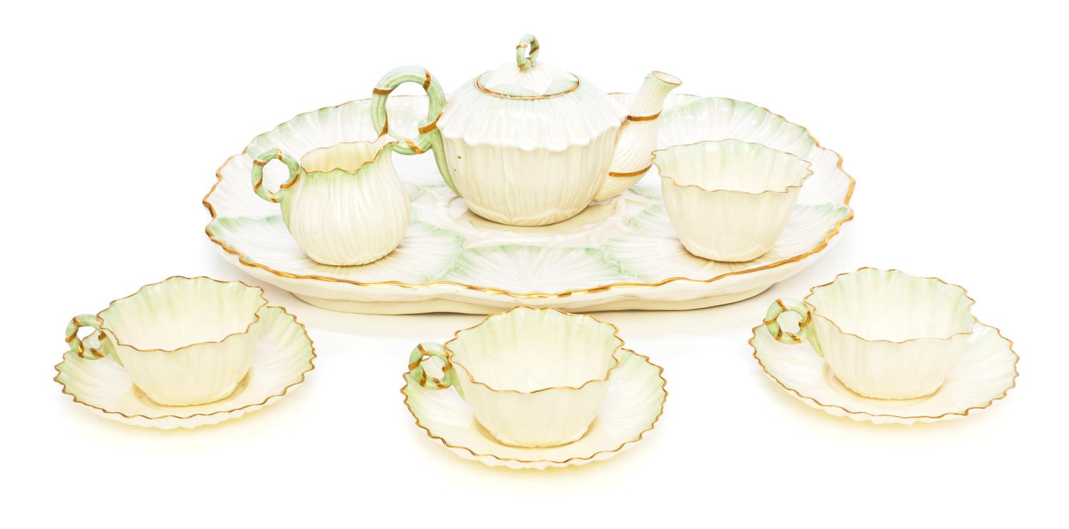 A Belleek Low Lily Tea Service, Width of tray 16 inches.