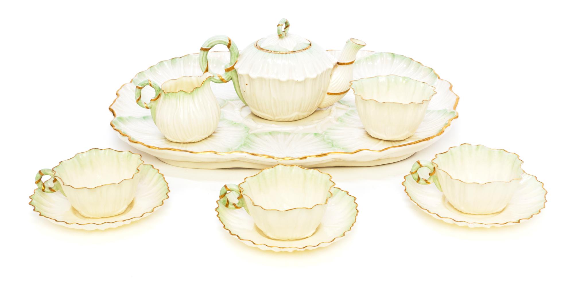 A Belleek Low Lily Tea Service, Width of tray 16 inches.