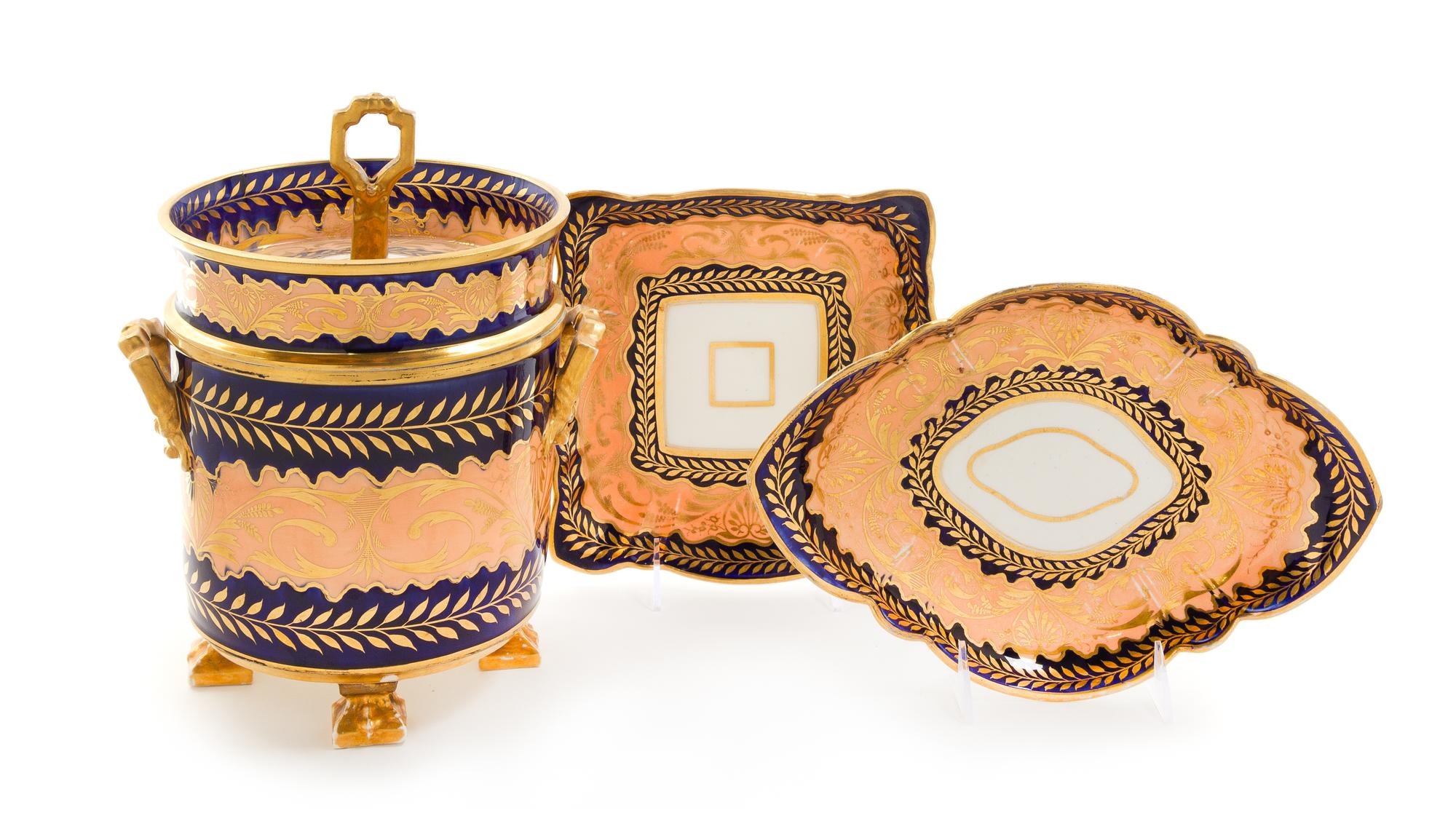 Three English Porcelain Dessert Service Articles Height of fruit cooler 11 inches. — MID-19TH CENTURY
