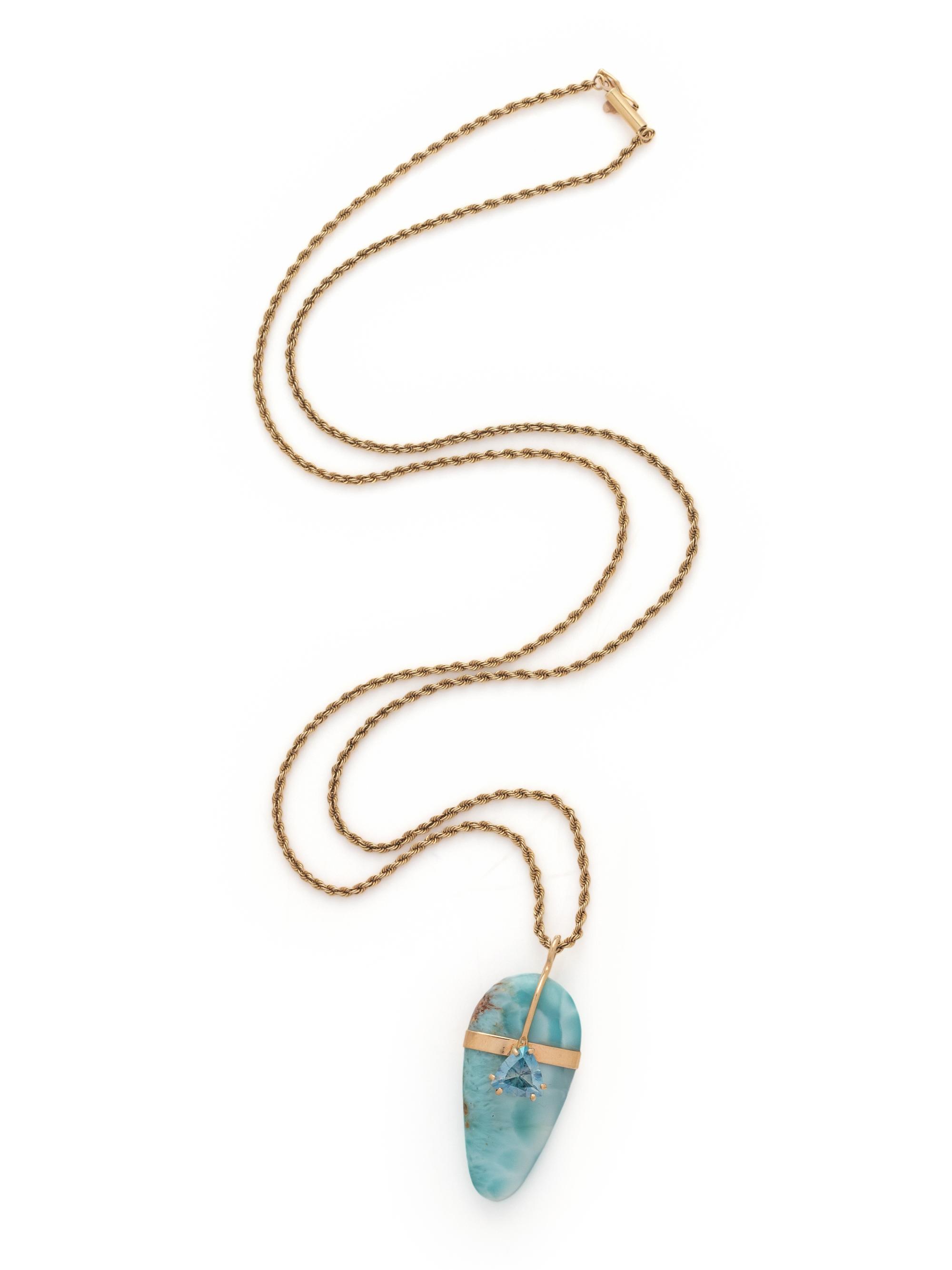 YELLOW GOLD, LARIMAR AND AQUAMARINE PENDANT/NECKLACE