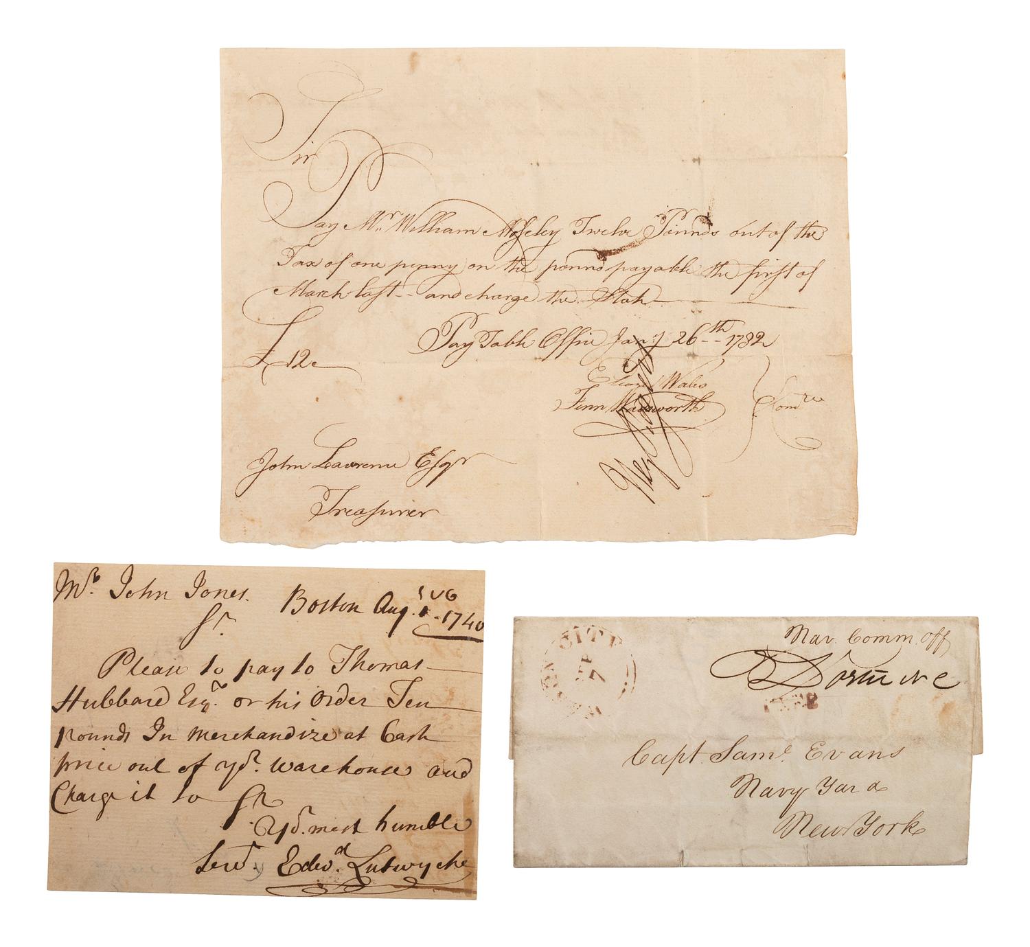 7 18th-century documents. [With:] PORTER, David (1780-1843). Postal cover signed ("D. Porter").