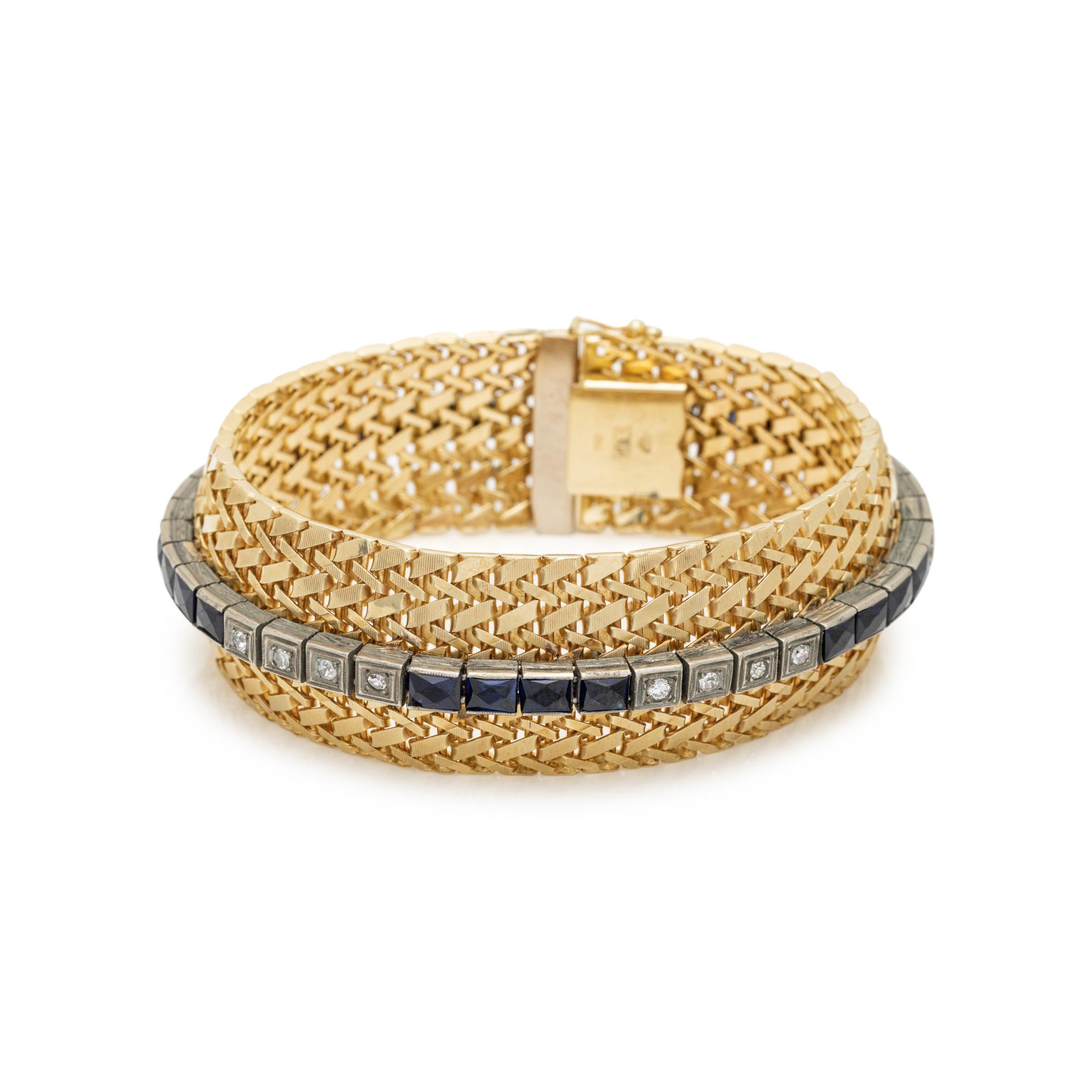 BICOLOR GOLD, SYNTHETIC SAPPHIRE, AND DIAMOND BRACELET
