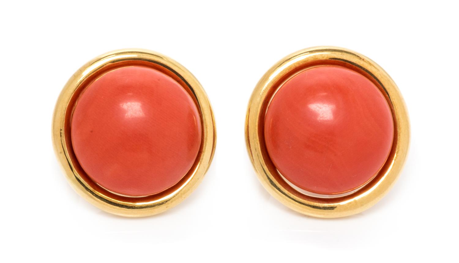 A Pair of 18 Karat Yellow Gold and Coral Earclips, Gump's, 14.55 dwts.