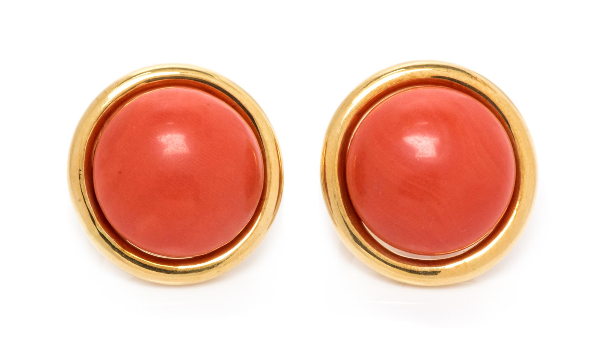 A Pair of 18 Karat Yellow Gold and Coral Earclips, Gump's, 14.55 dwts.