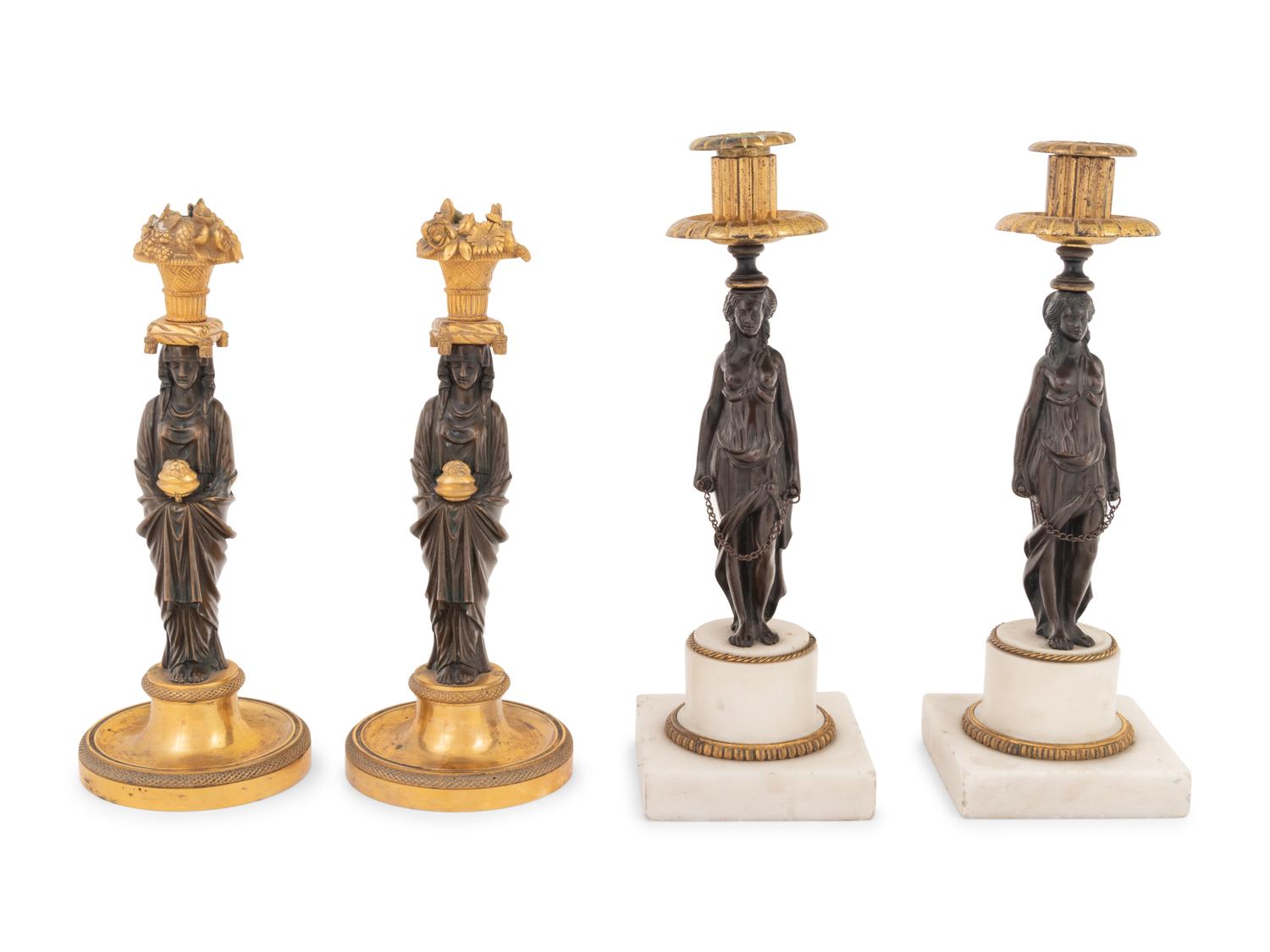Two Pairs of French Gilt and Patinated Bronze Figural Candlesticks