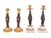 Two Pairs of French Gilt and Patinated Bronze Figural Candlesticks