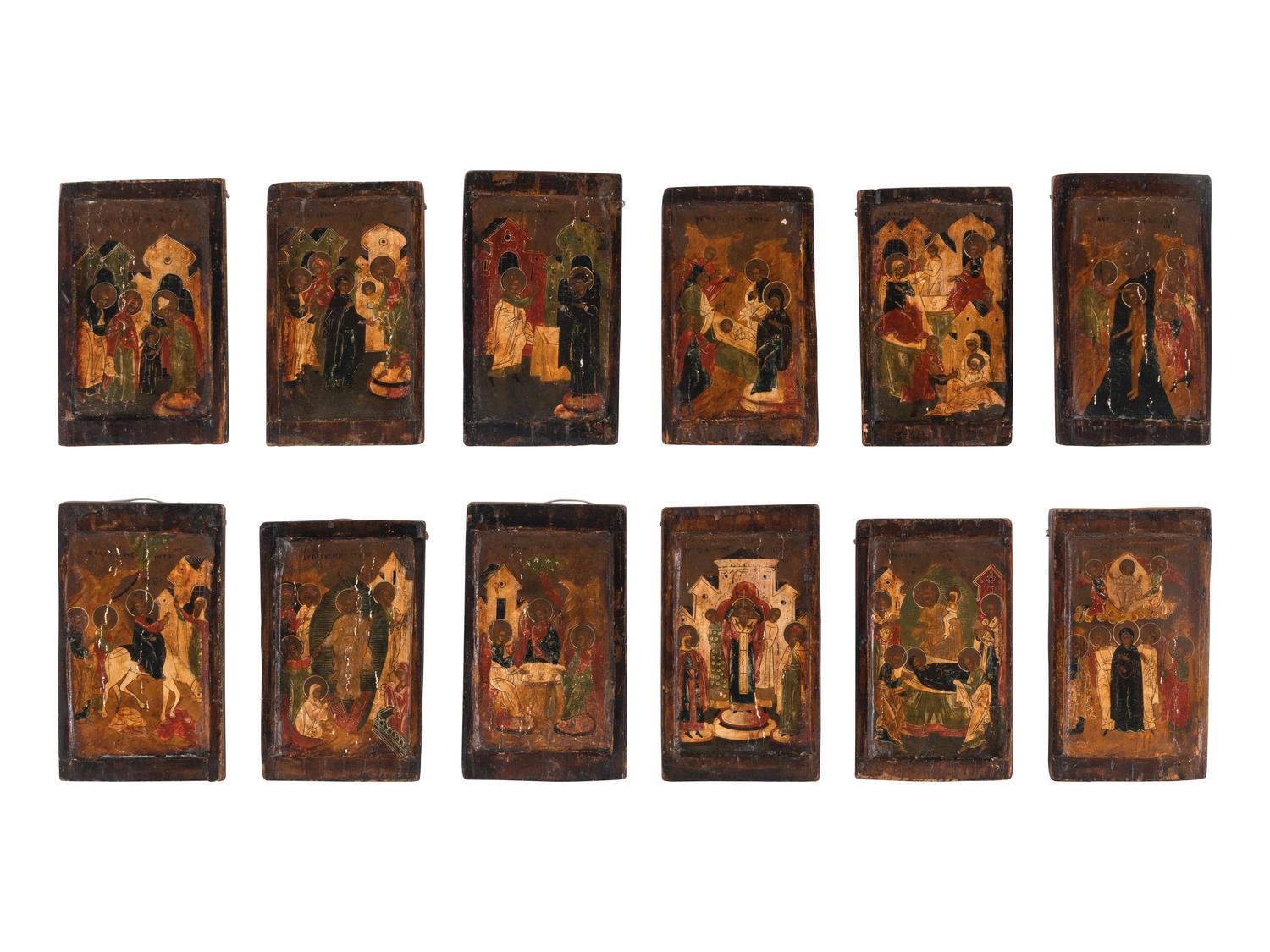 A Set of Twelve Polychrome Painted Russian Icons