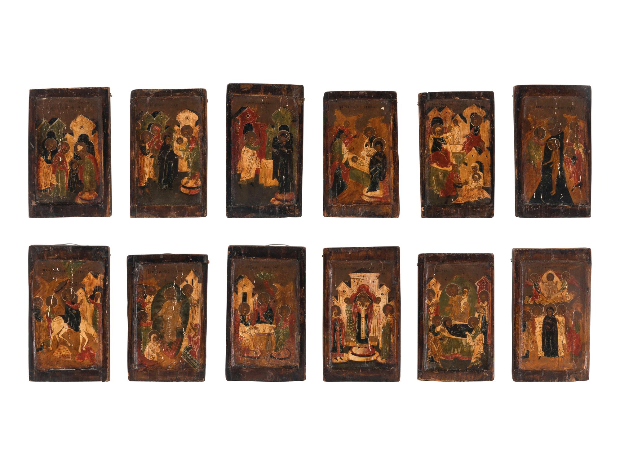 A Set of Twelve Polychrome Painted Russian Icons