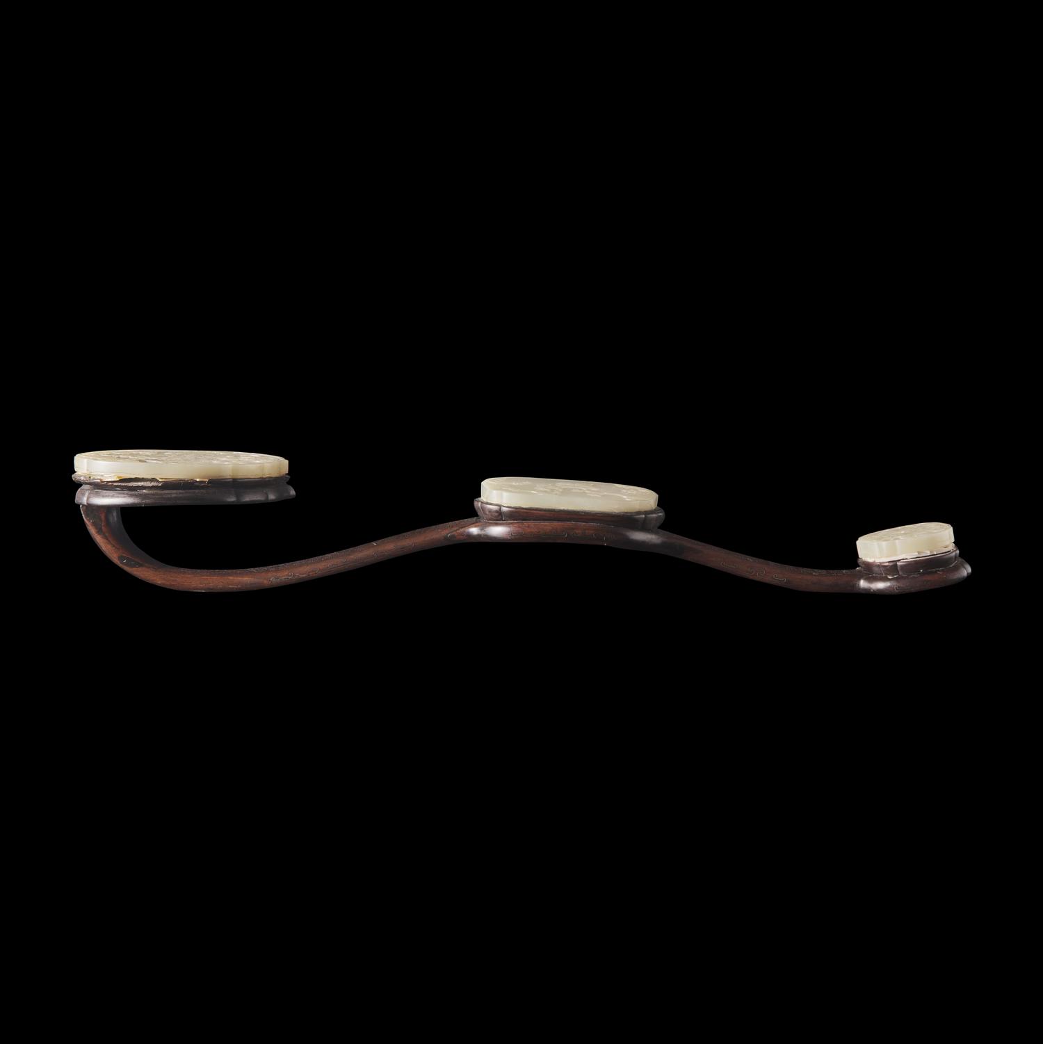 A Chinese White Jade and Silver Wire inlaid Rosewood Ruyi Scepter, Qing Dynasty 清 白玉三鑲銀絲嵌紅木如意