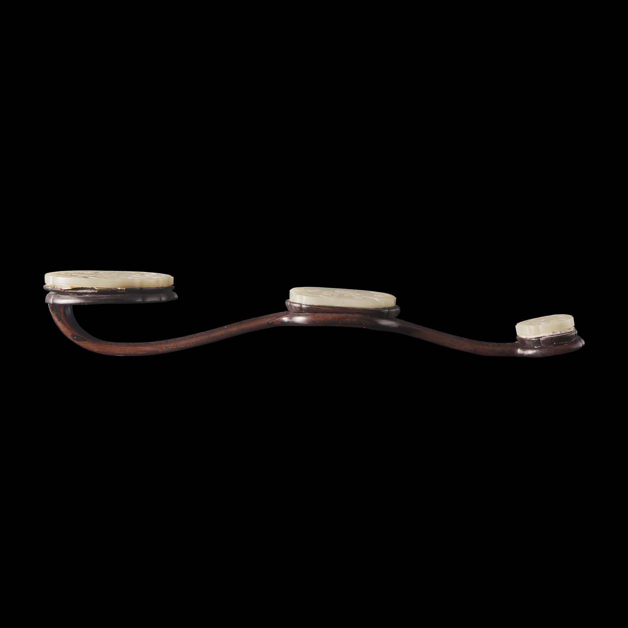 A Chinese White Jade and Silver Wire inlaid Rosewood Ruyi Scepter, Qing Dynasty 清 白玉三鑲銀絲嵌紅木如意