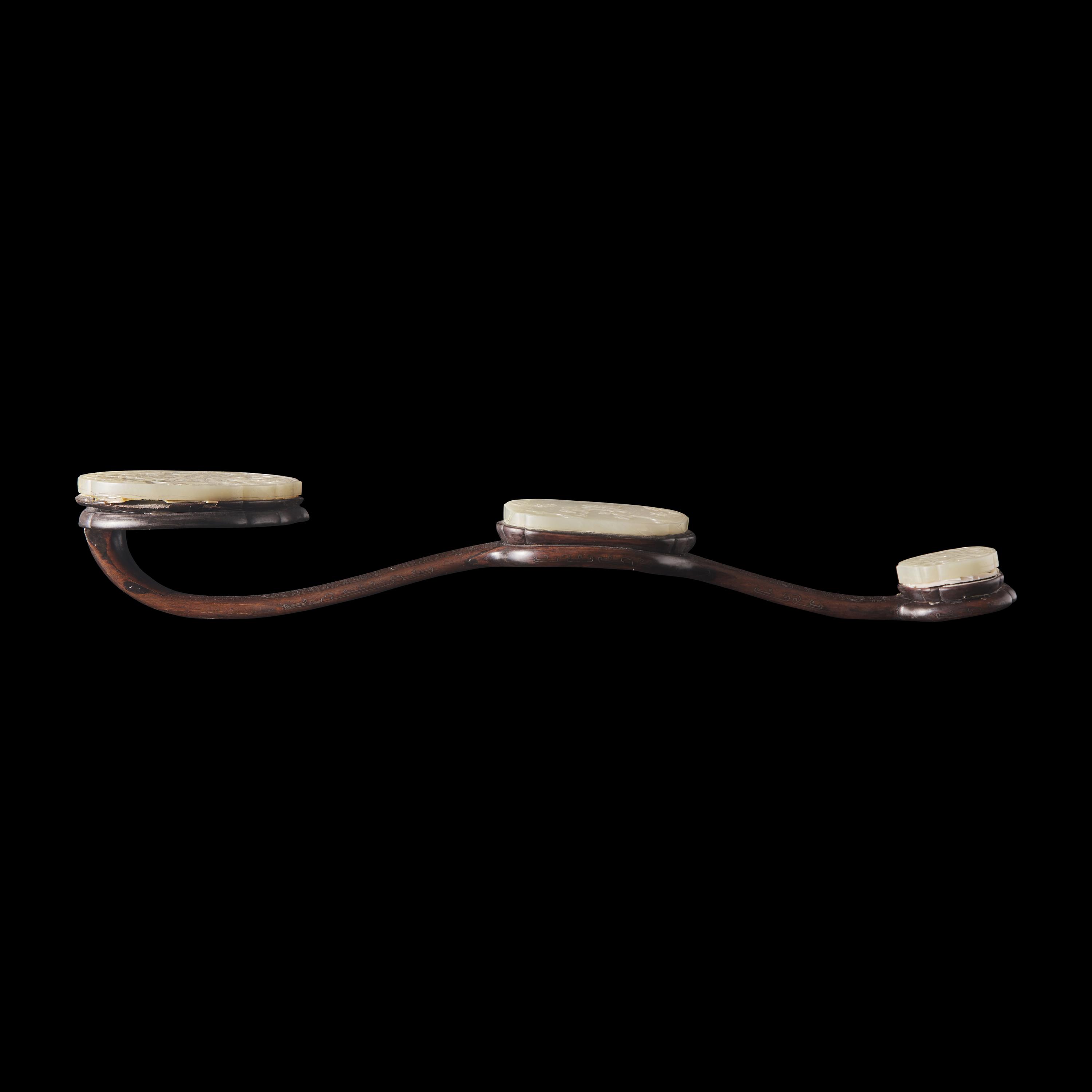 A Chinese White Jade and Silver Wire inlaid Rosewood Ruyi Scepter, Qing Dynasty 清 白玉三鑲銀絲嵌紅木如意
