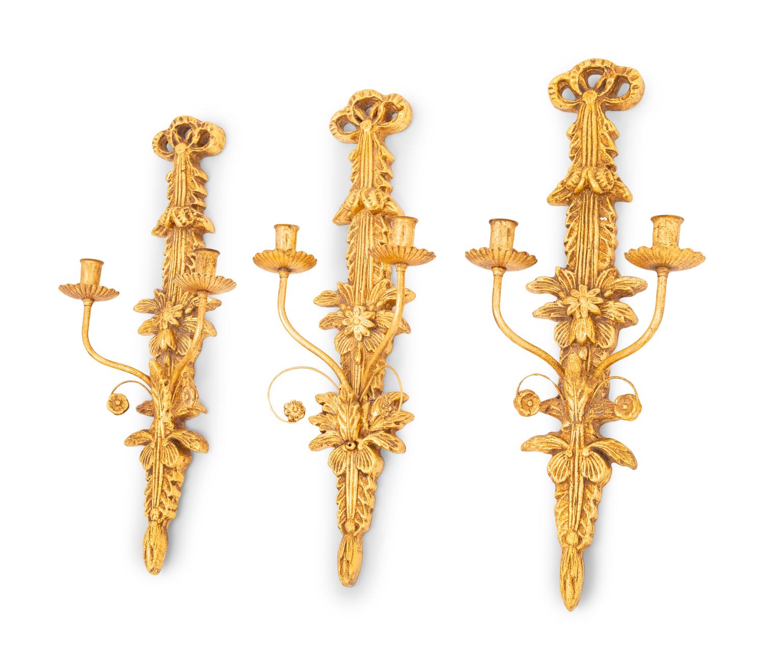 A Set of Three Italian Giltwood and Gilt Metal Two-Light Sconces