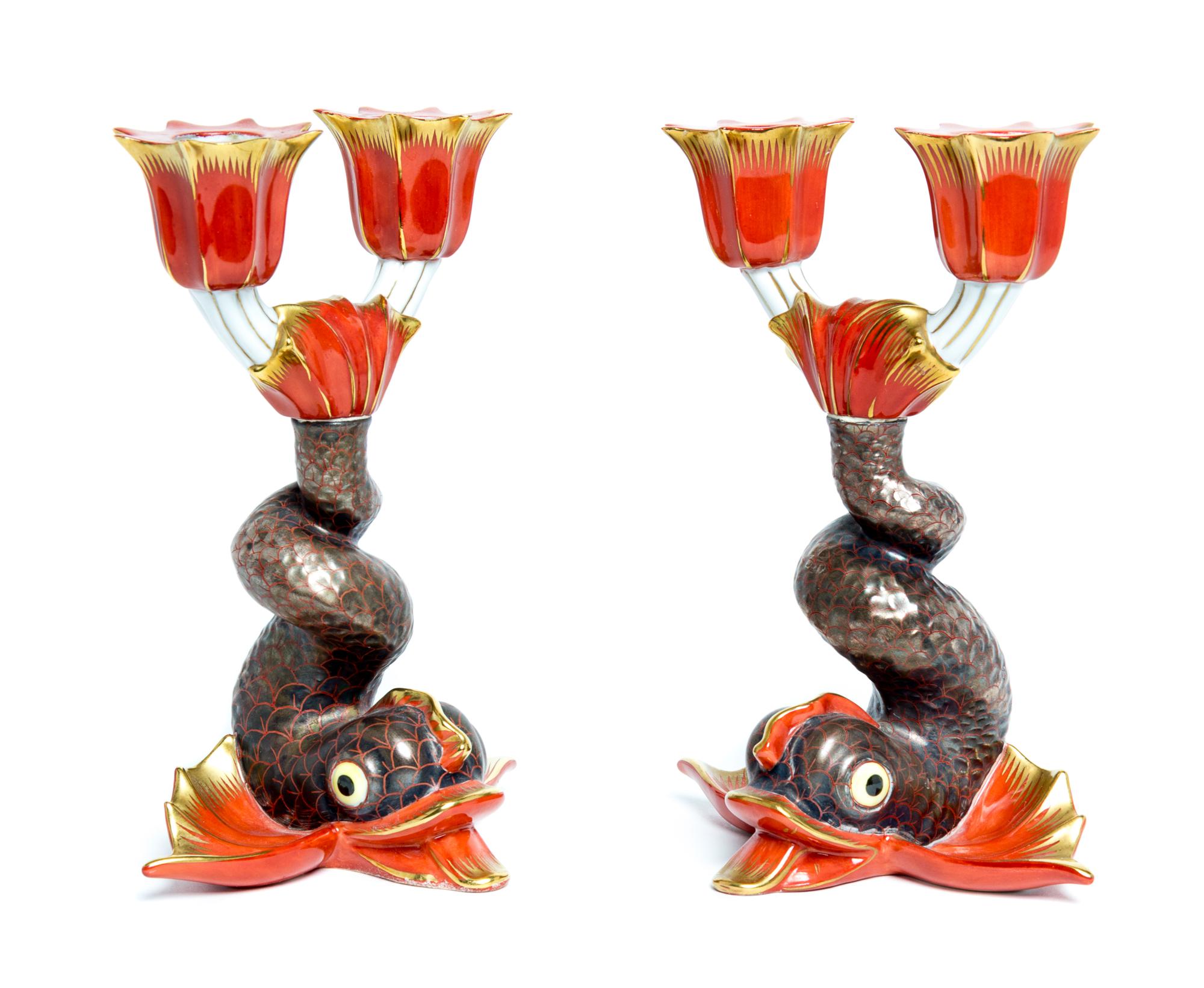 A Pair of Herend Porcelain Two-Light Candelabra Height 7 inches. — 20TH CENTURY
