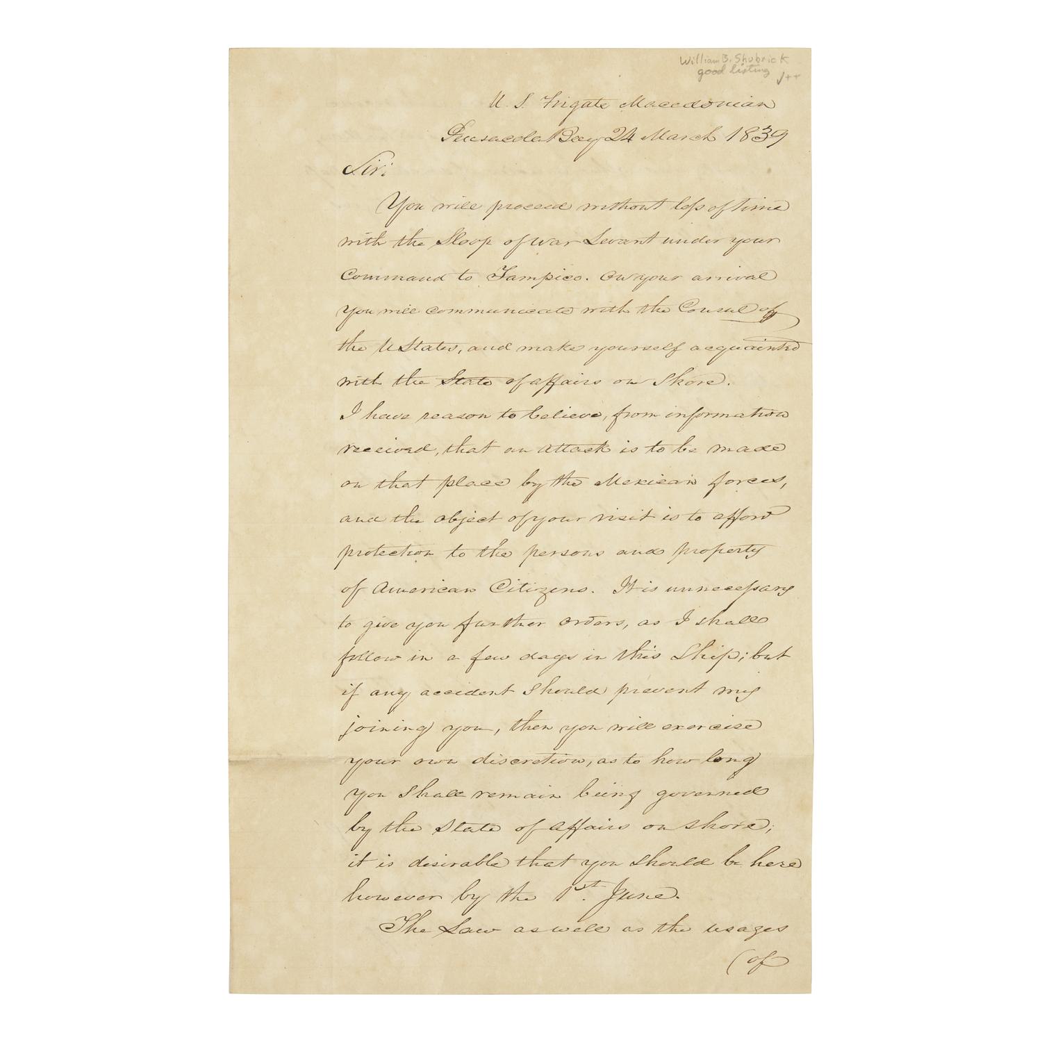 [Paulding, Hiram] [Slave Trade] Shubrick, William B. Letter, Signed