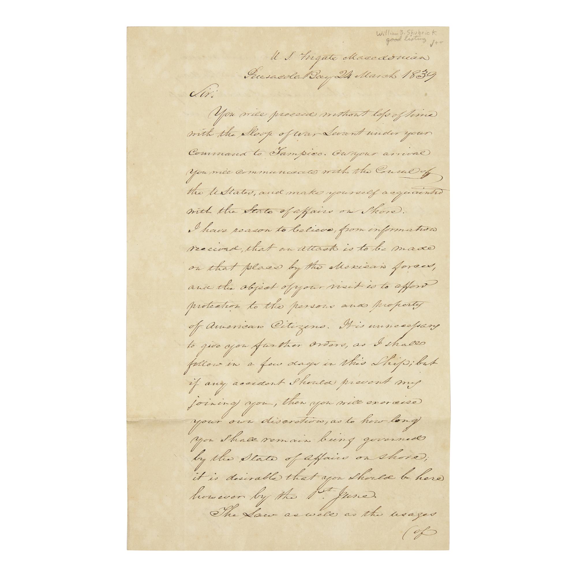 [Paulding, Hiram] [Slave Trade] Shubrick, William B. Letter, Signed