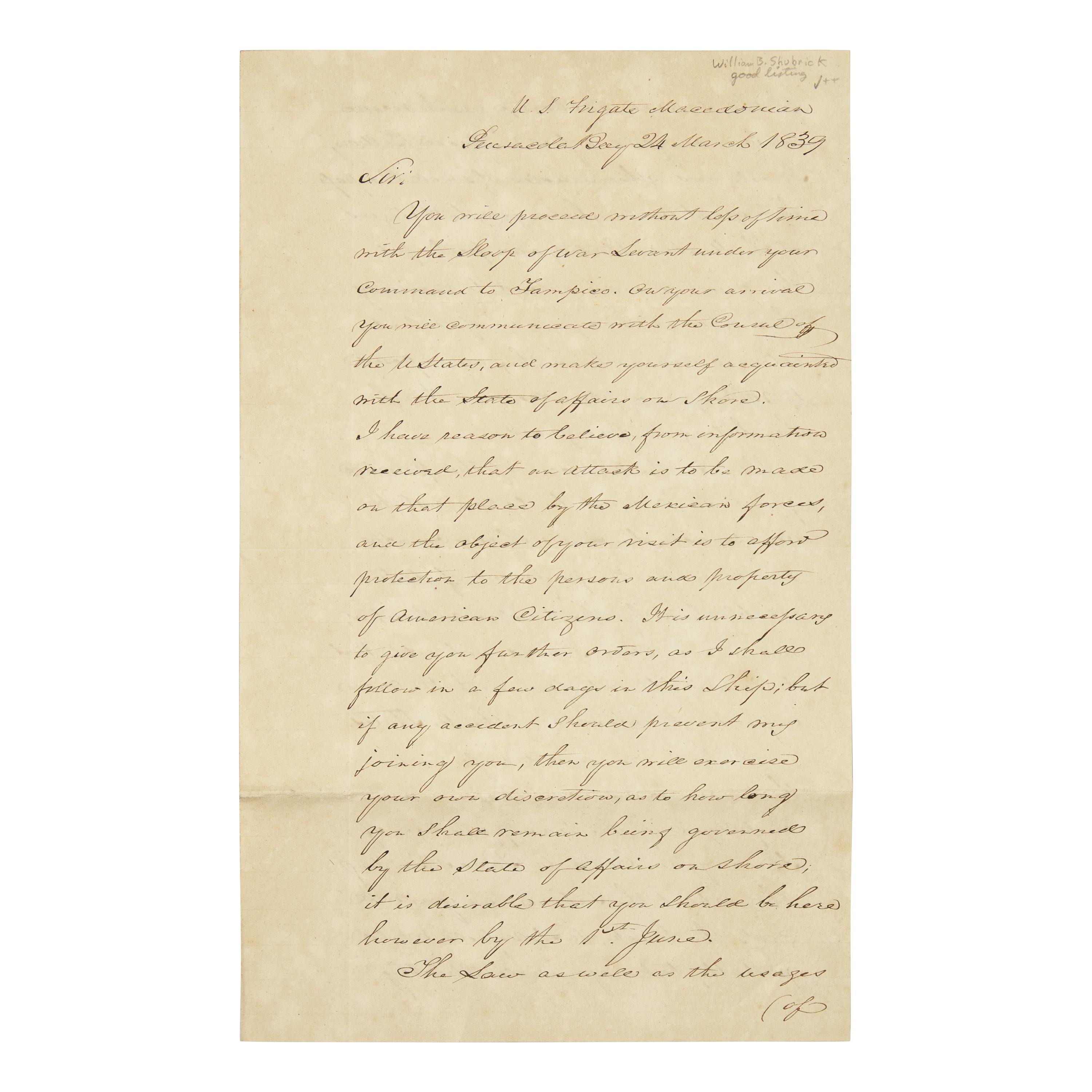 [Paulding, Hiram] [Slave Trade] Shubrick, William B. Letter, Signed